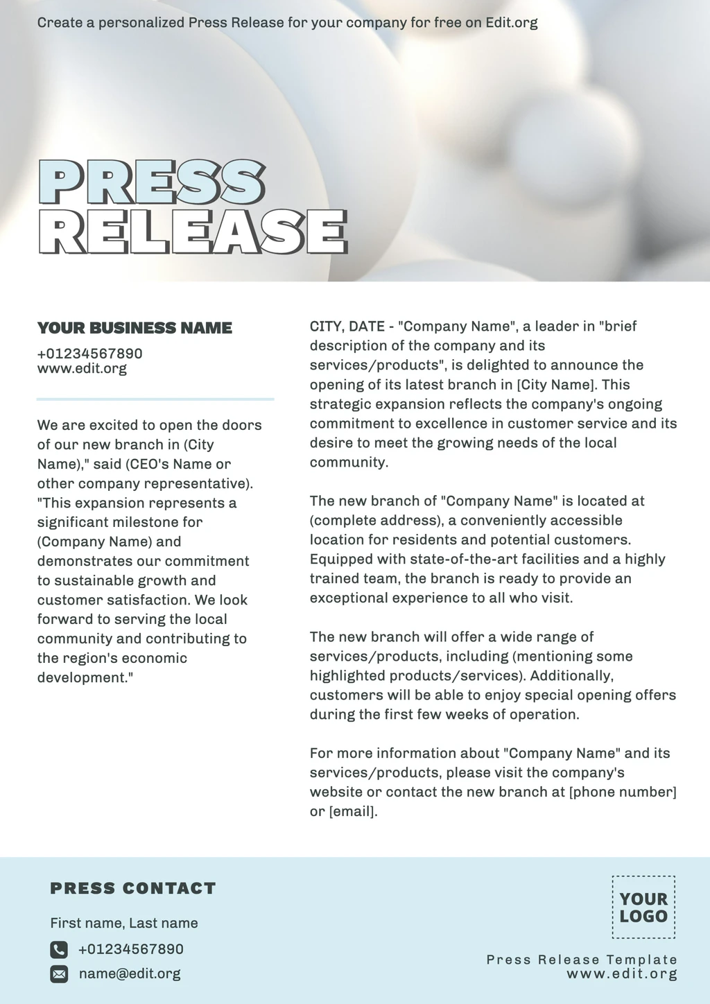 Printable simple Press Release template