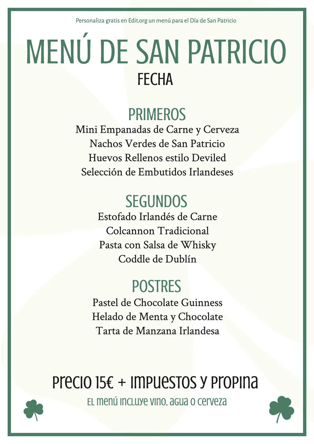 Plantilla de menú de San Patricio editable gratis