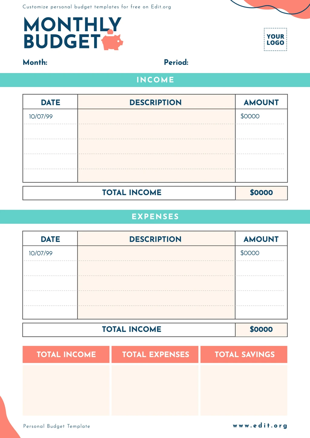 Editable Personal Monthly Budget template to download