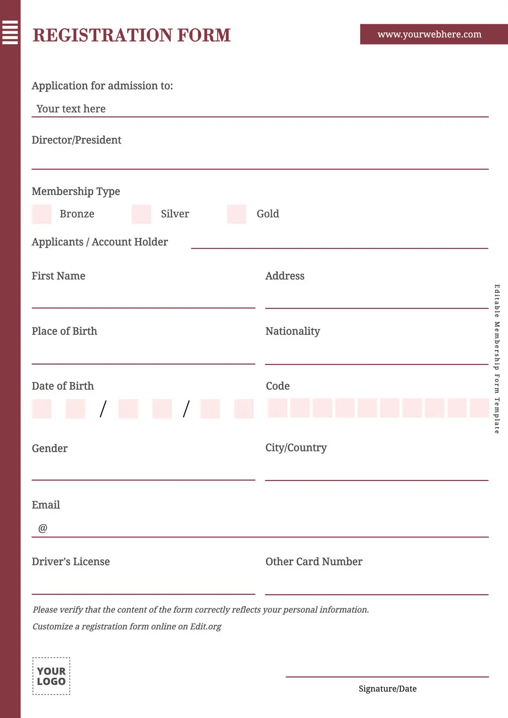 Free registration form example to customize online