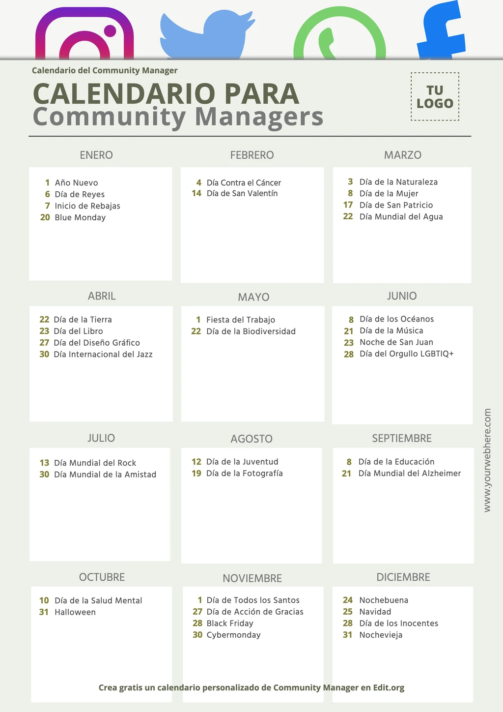 Template editável para fazer um calendário de Community Manager