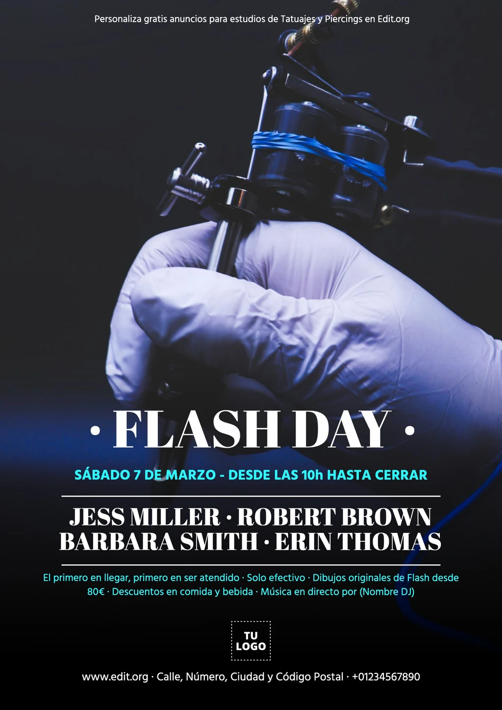 Plantillas personalizables para estudios de piercings y tatuajes