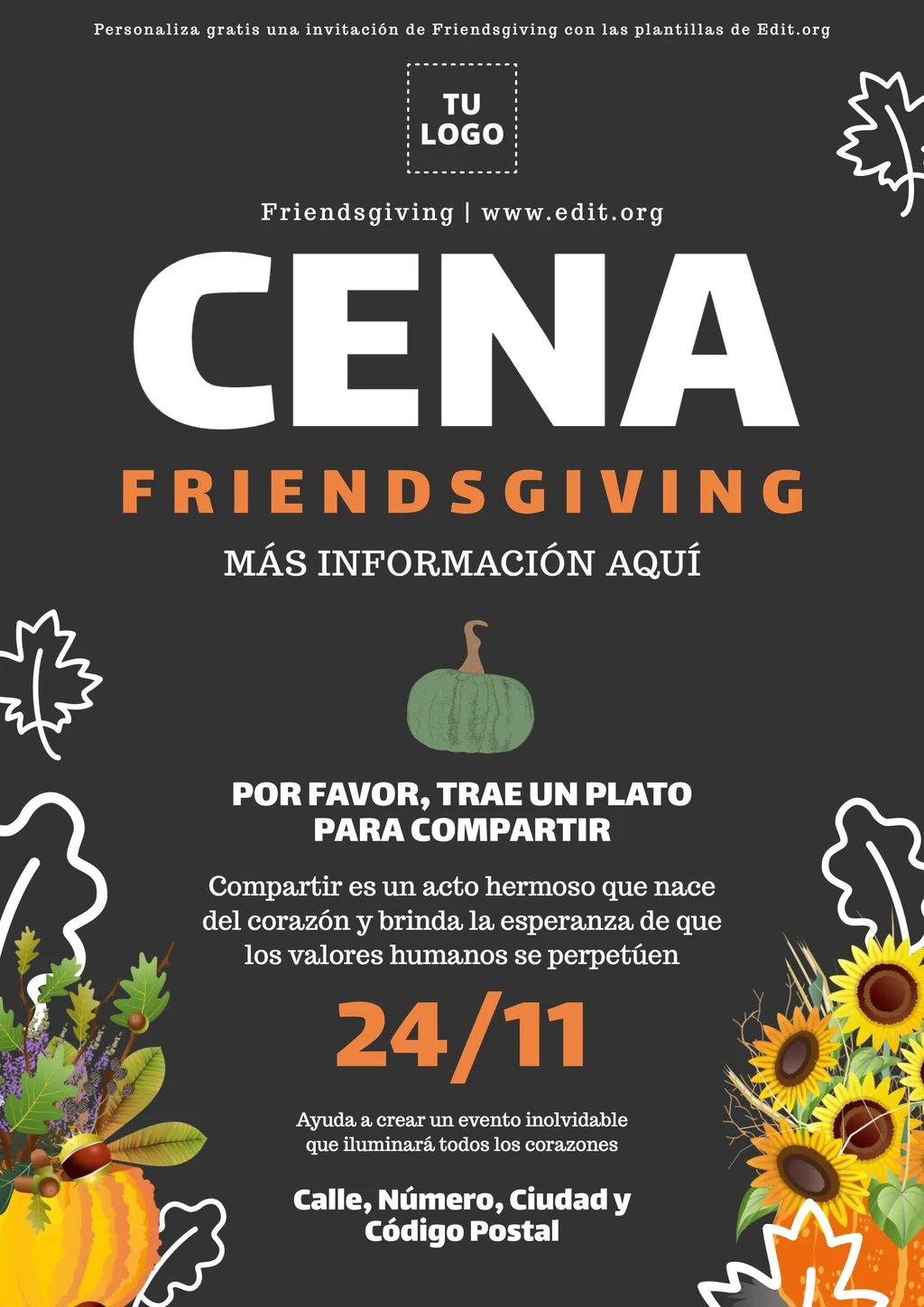 Plantilla de folleto de Friendsgiving para cena editable