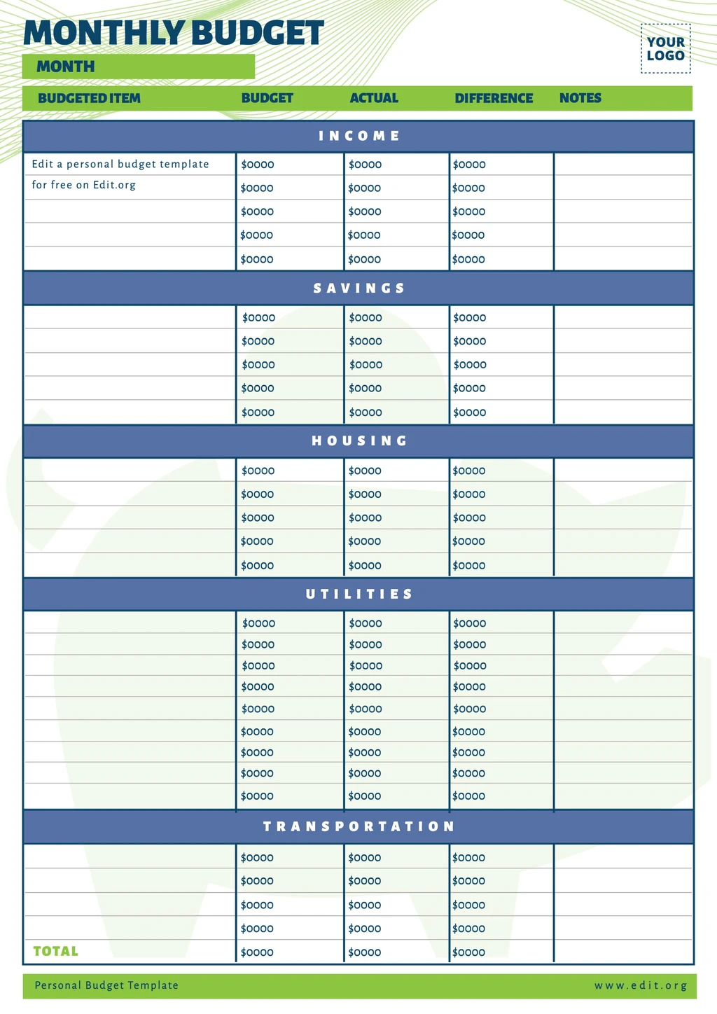 Printable Personal Finance sheet template to download