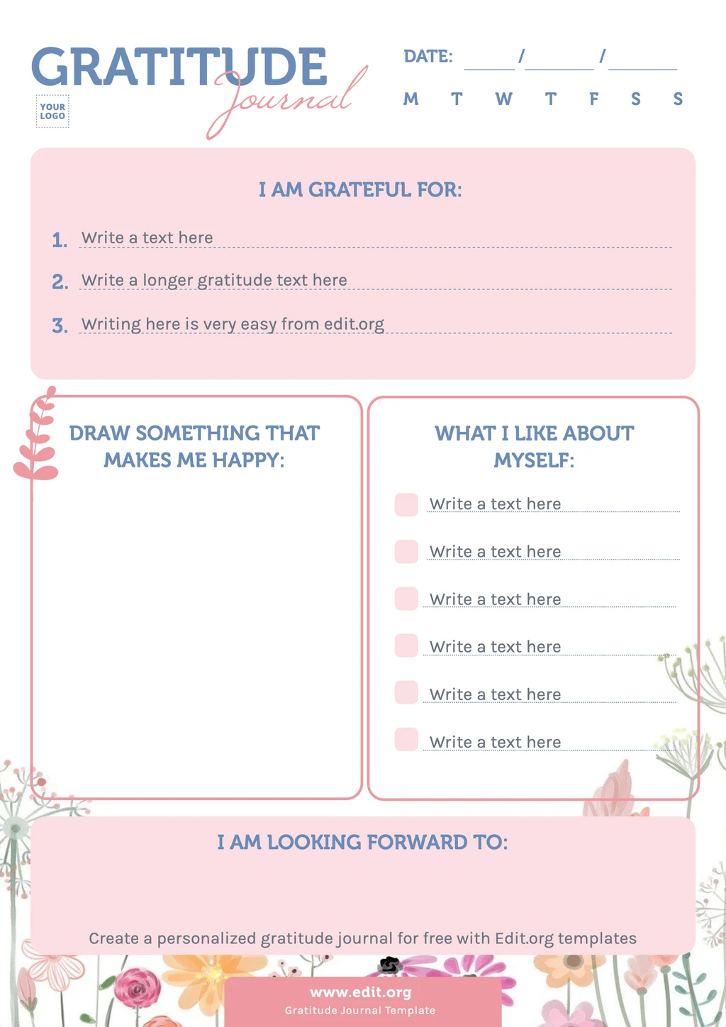 Editable gratitude worksheet for adults to print