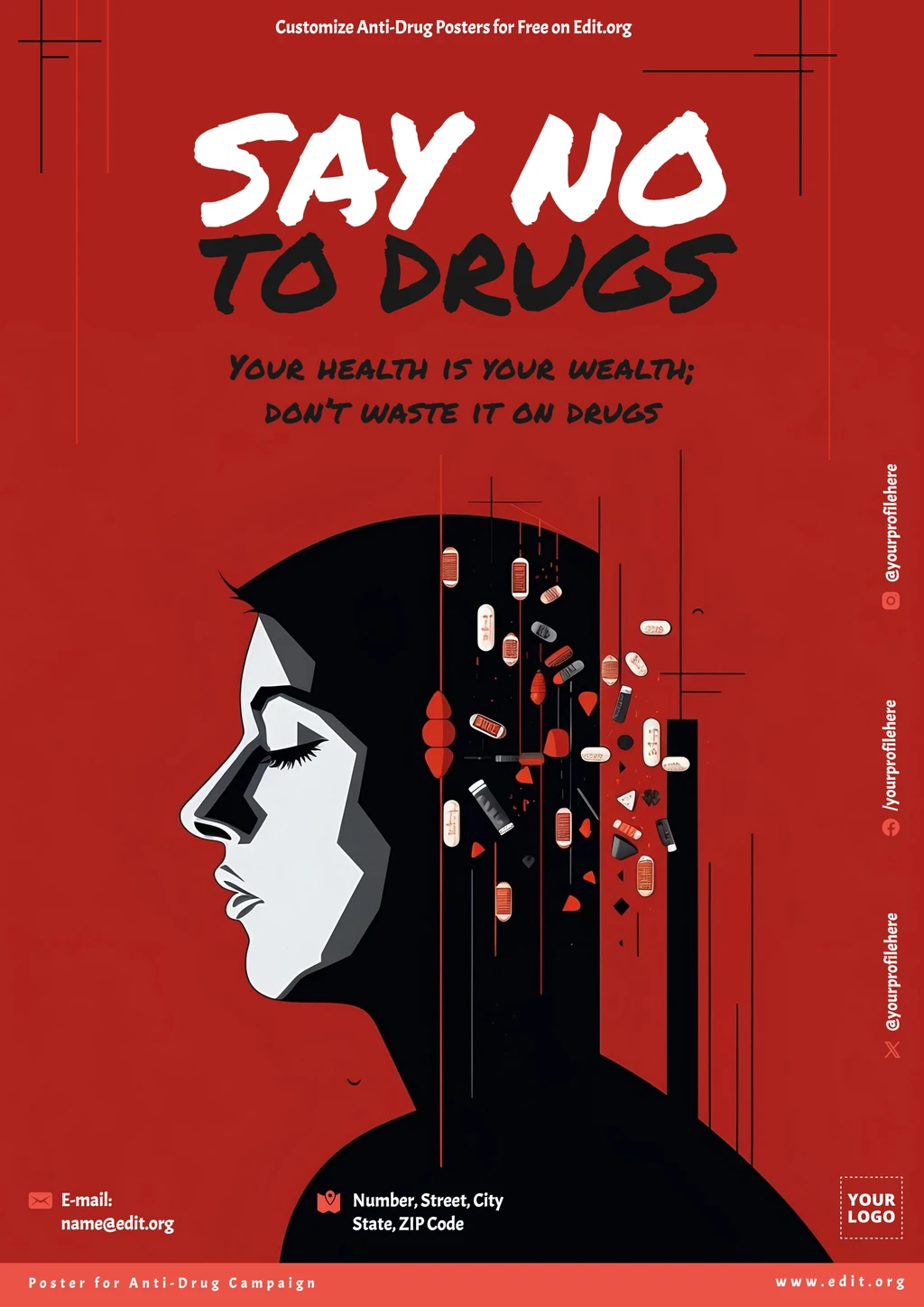 Free editable sign of No to Drugs for Antidrugs Campaign