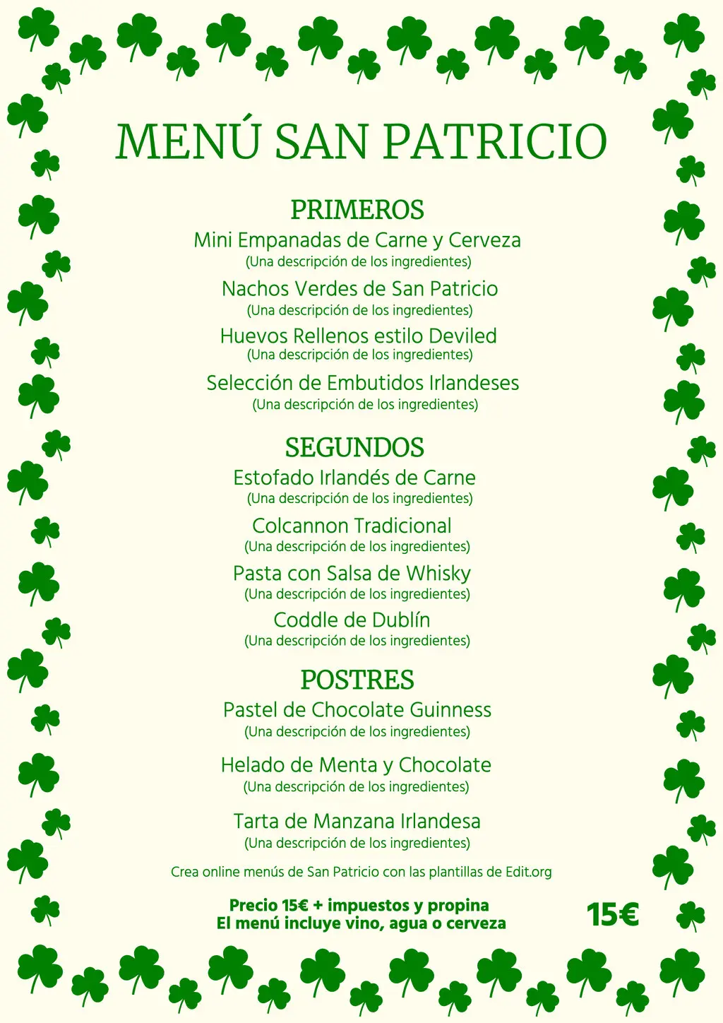 Plantilla para menú de restaurante de San Patricio gratis