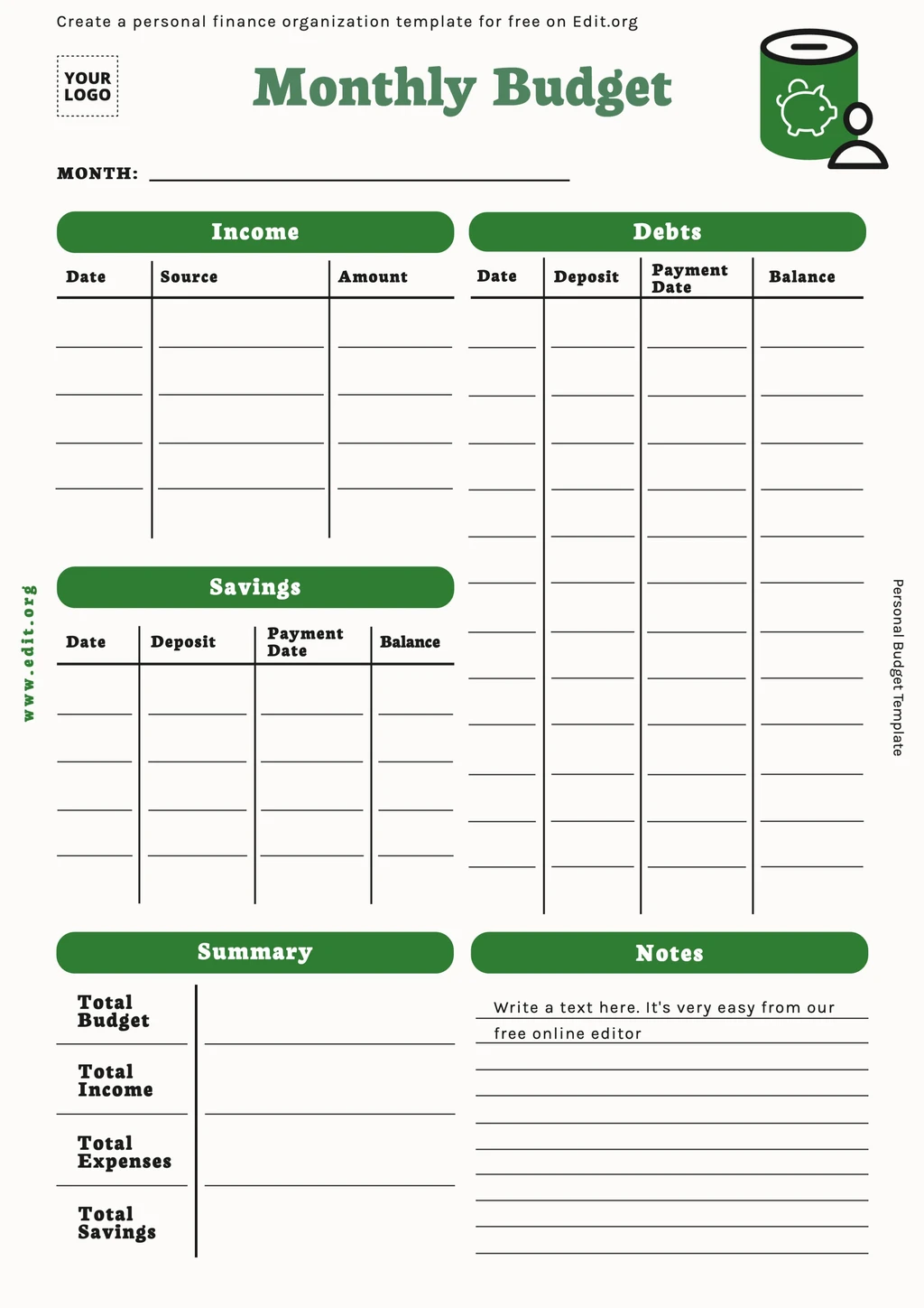 Monthly Household Budget sheet printable template