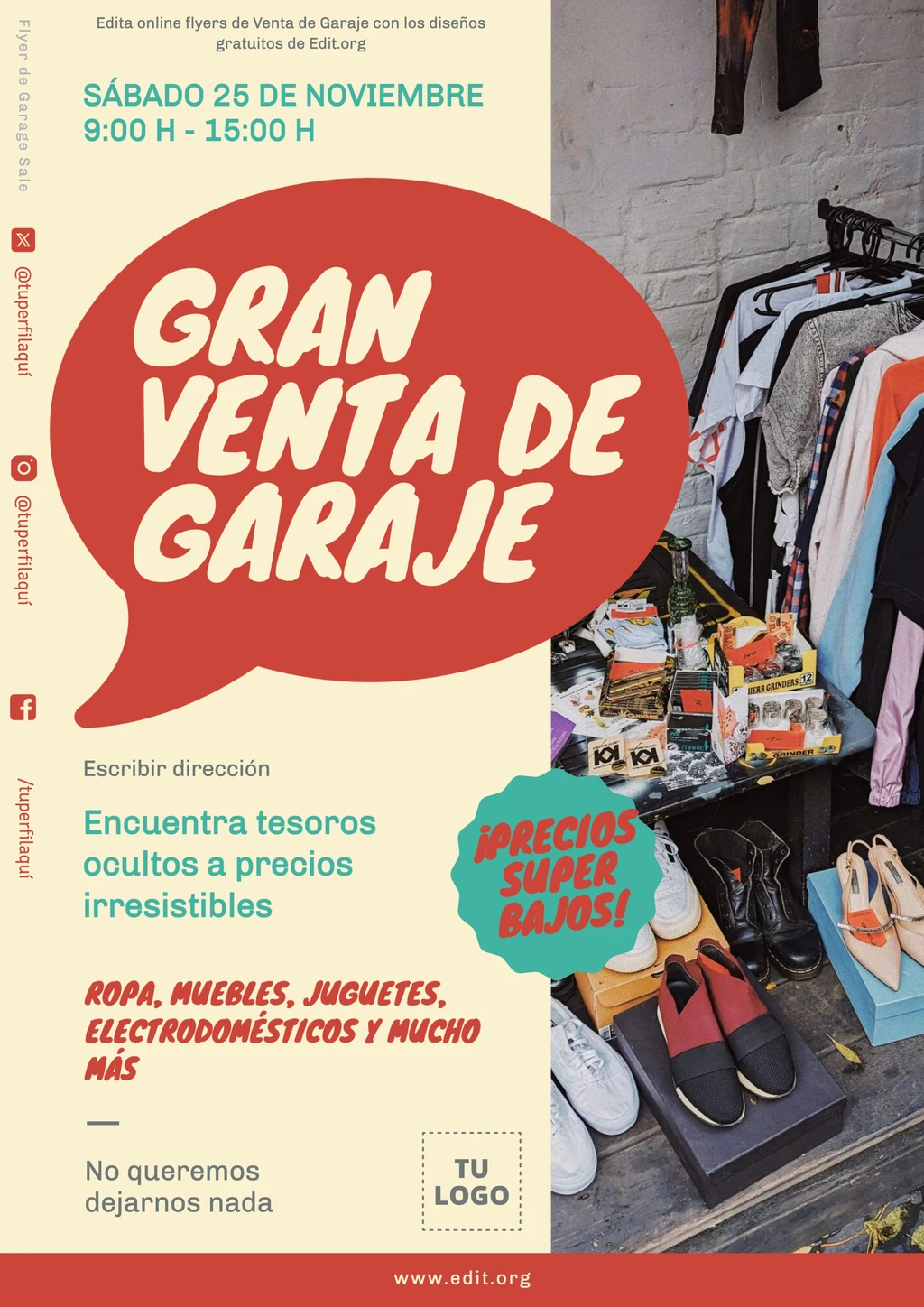 Plantilla para cartel Venta de Garage ropa y objetos editable