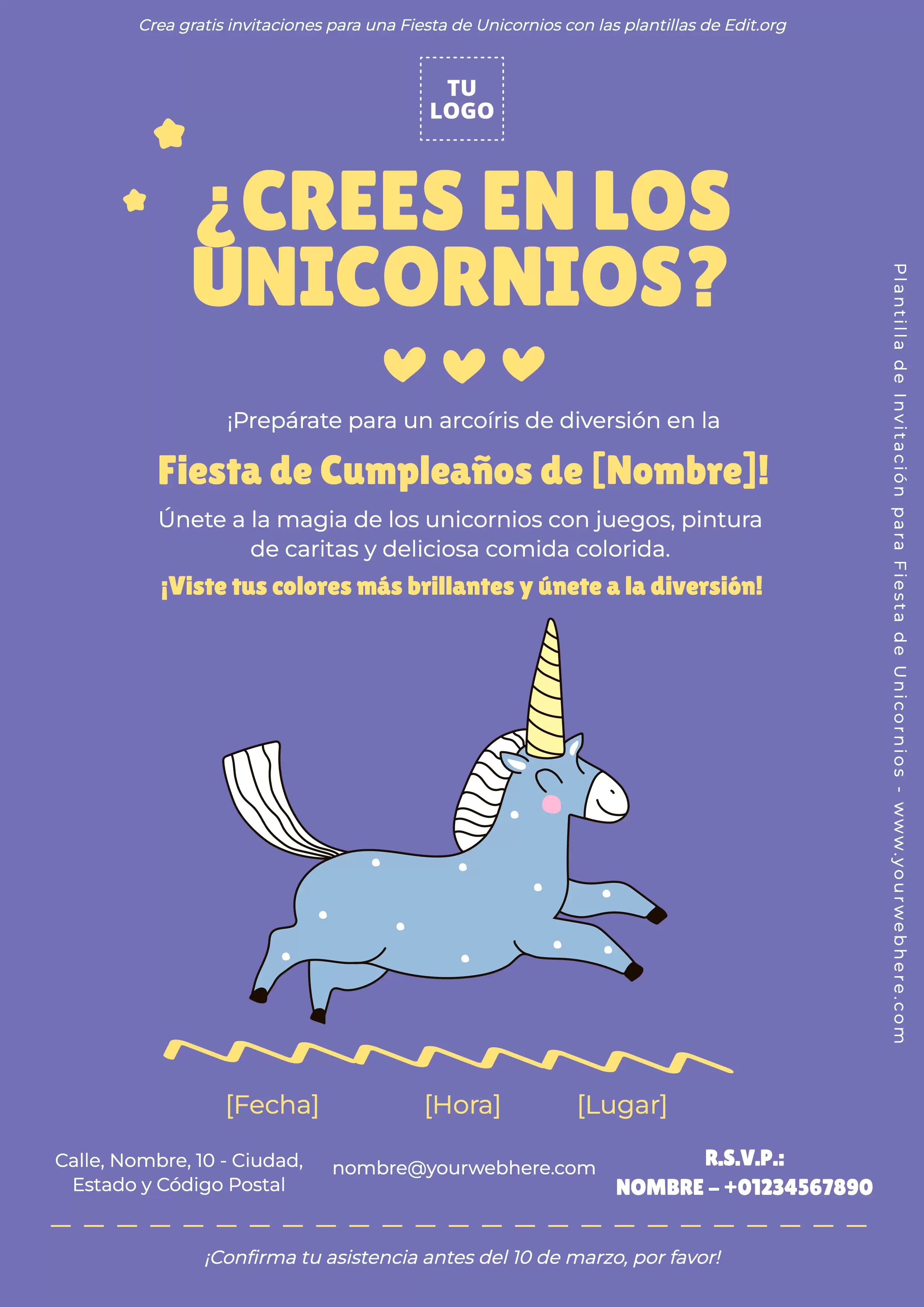 Tarjeta de invitación de unicornio para editar gratis