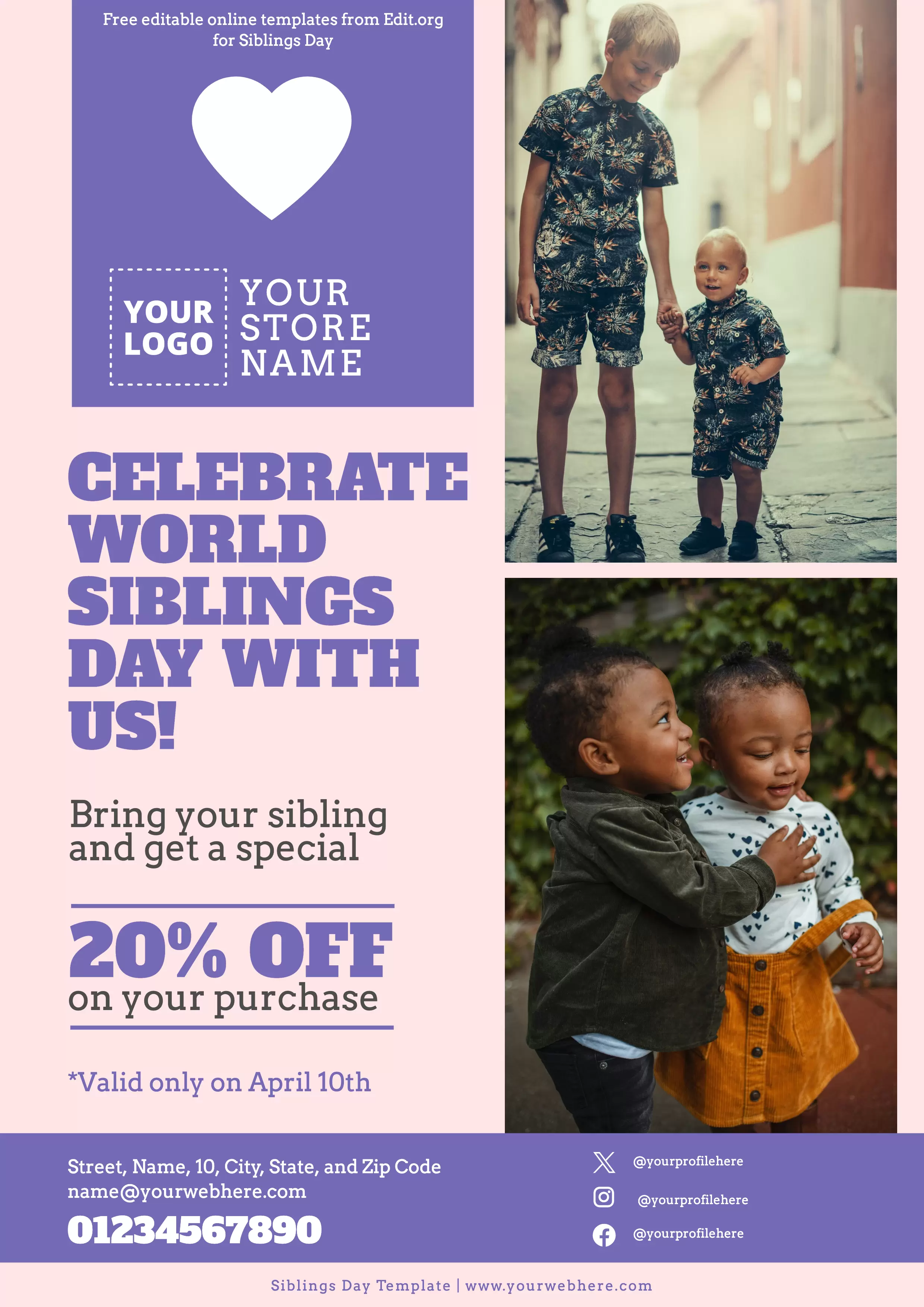 Free Brothers and Sisters Day poster template for discounts