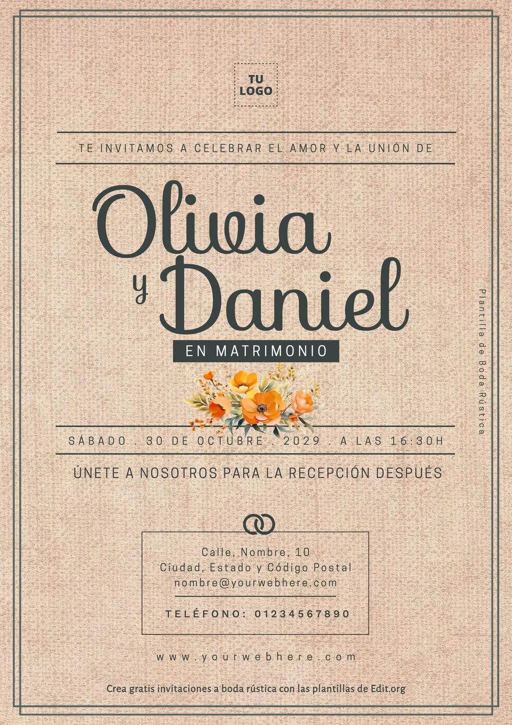 Plantilla de invitación rústica para boda gratis