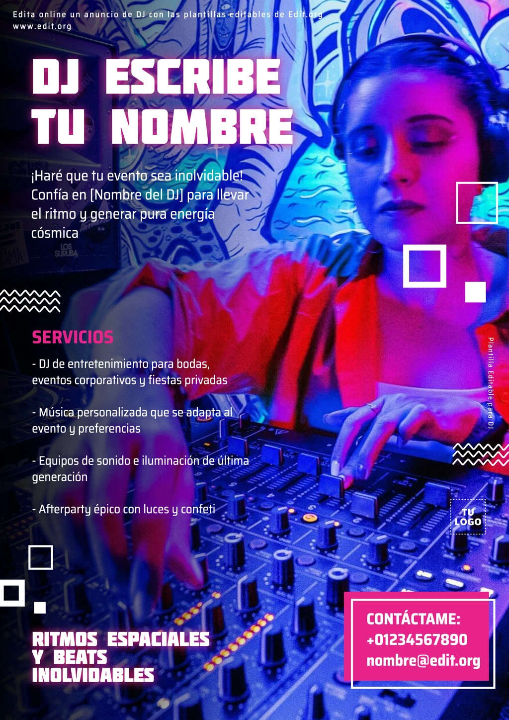 Plantilla flyer DJ editable con servicios para descargar