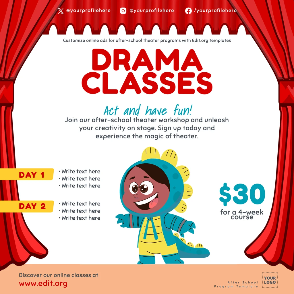 Drama After School program flyer template to download