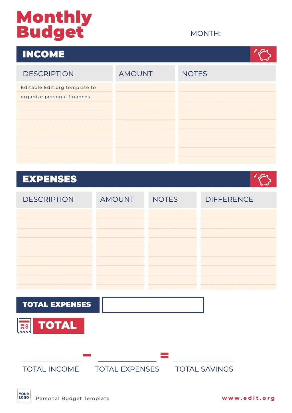Printable Personal Budget template to download for free