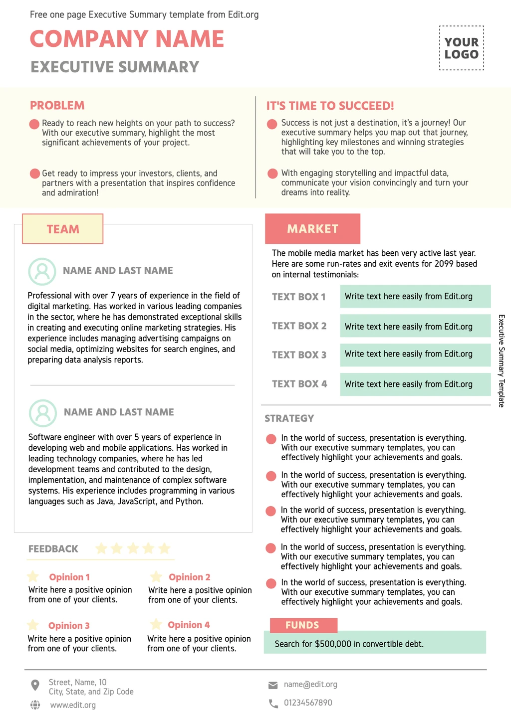 Printable One Page Summary template for free