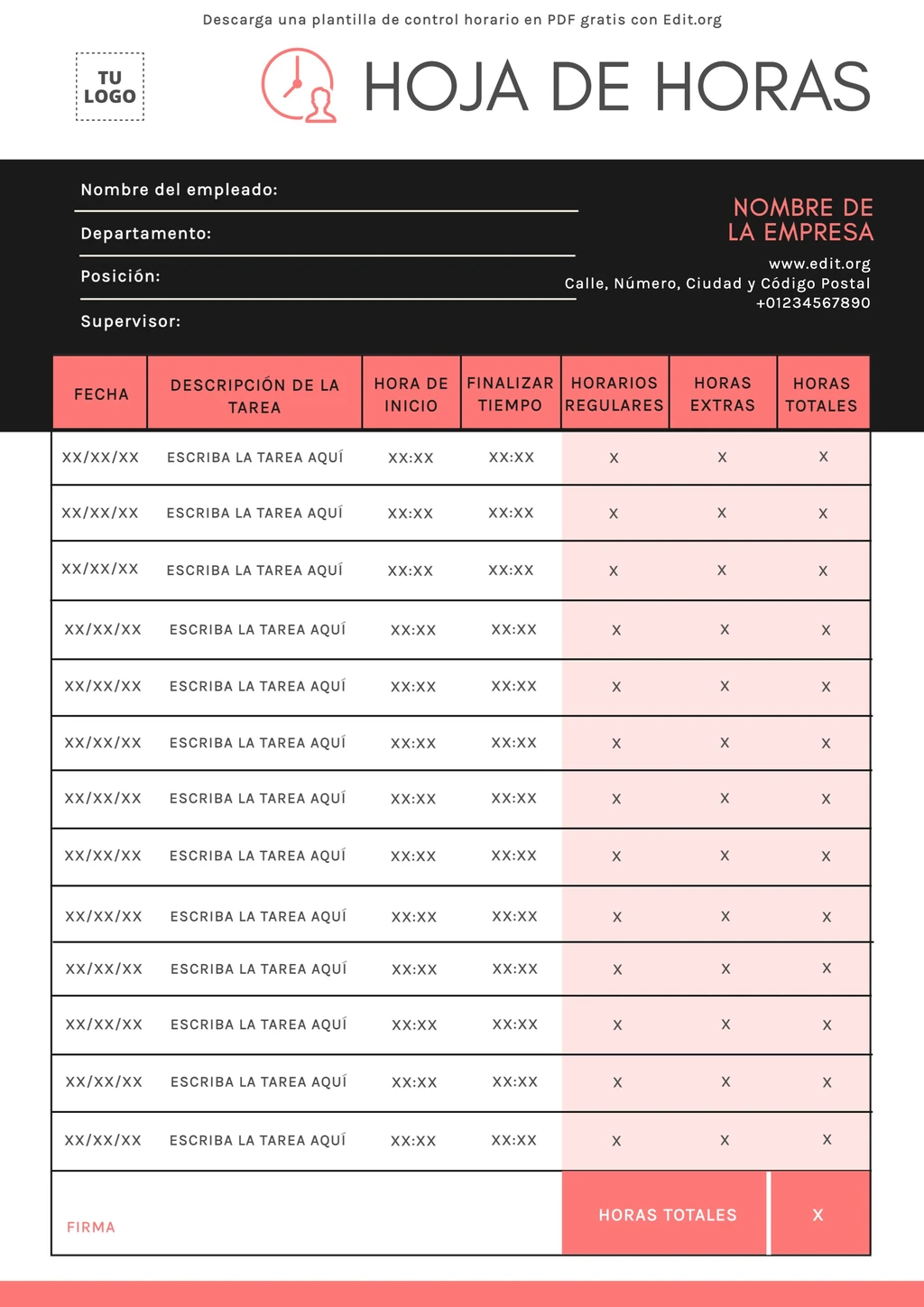 Plantilla Registro Horario trabajadores personalizable online
