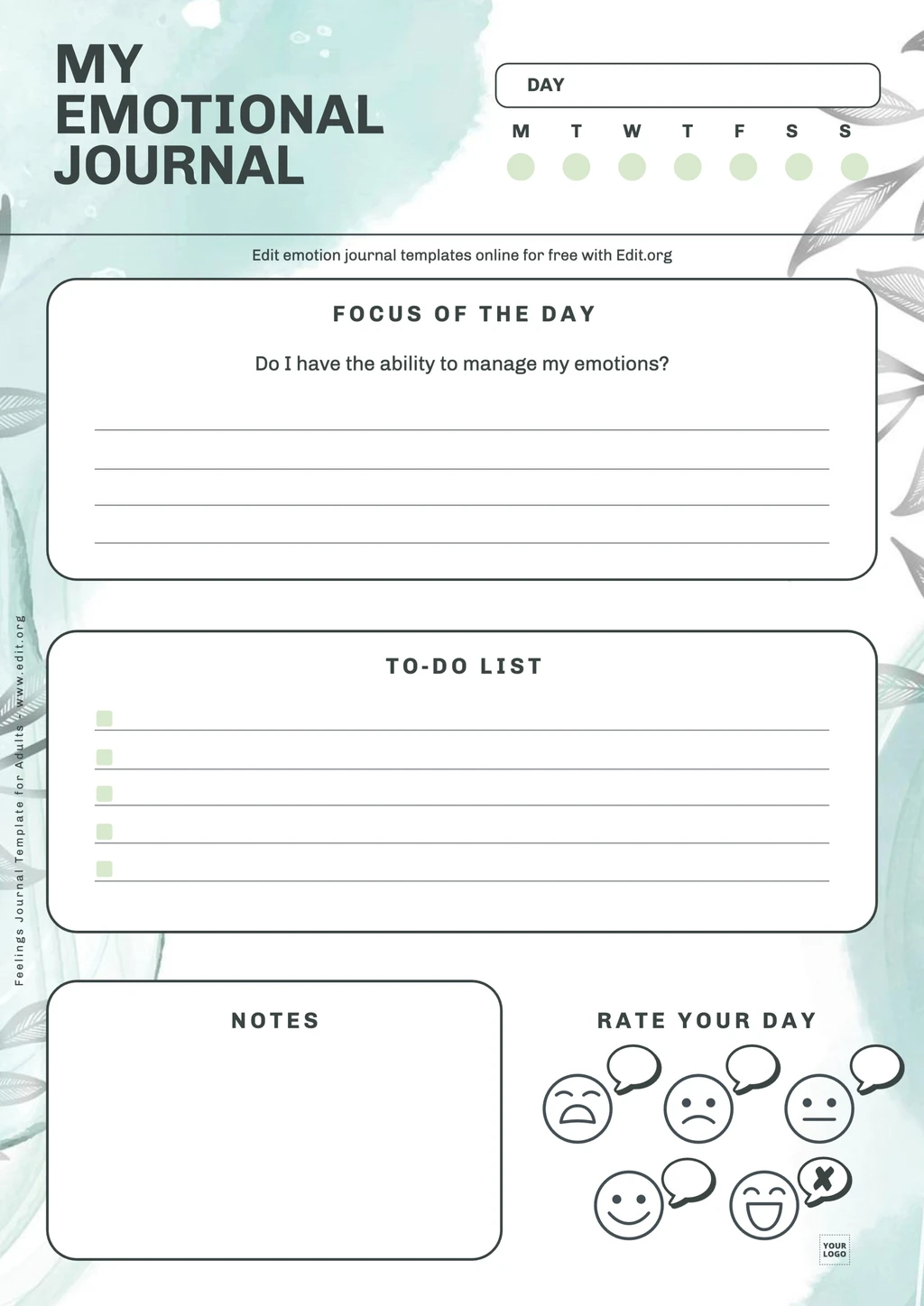 Customizable Diary for Feelings template to download