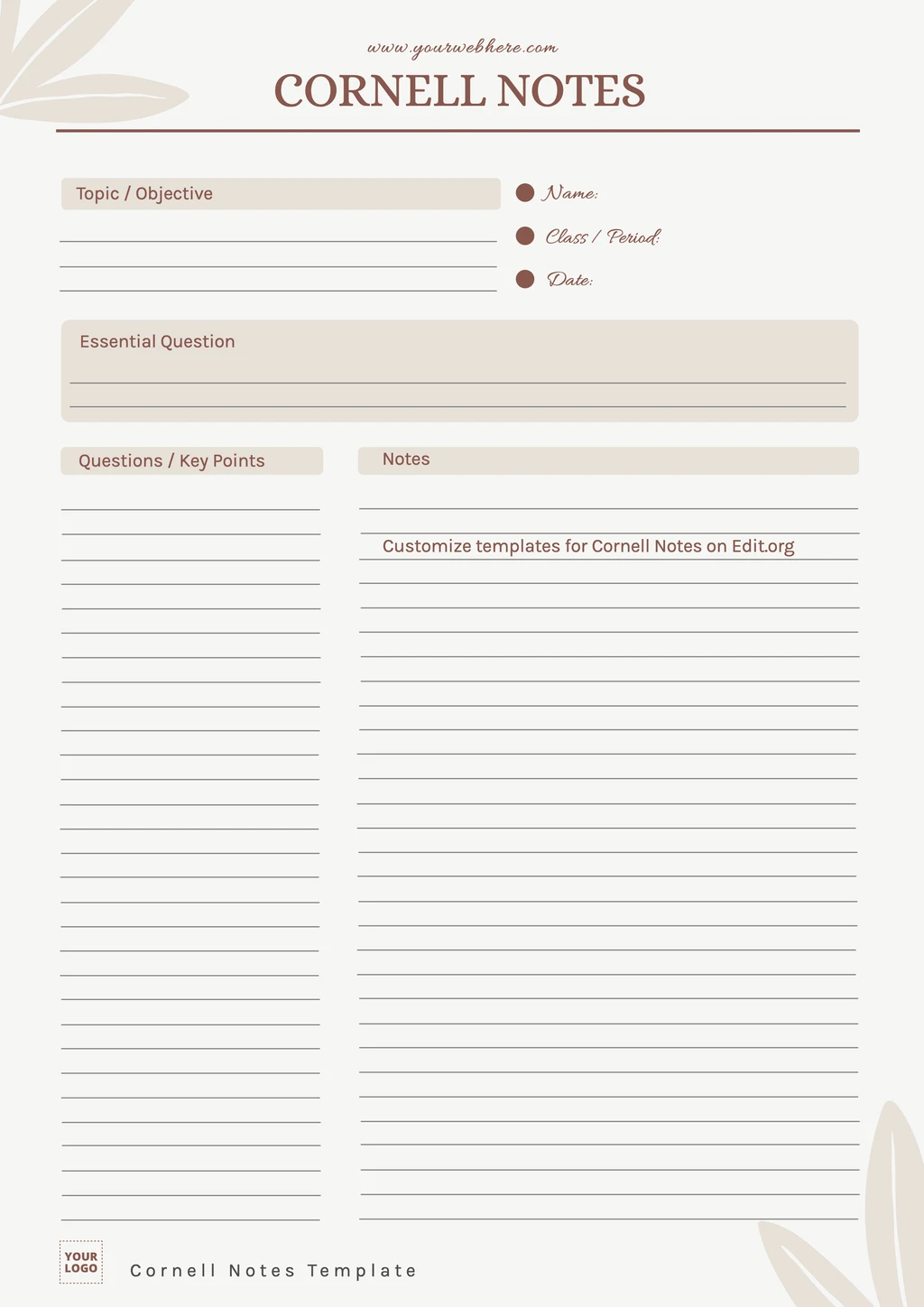 Free editable Cornell notes digital template