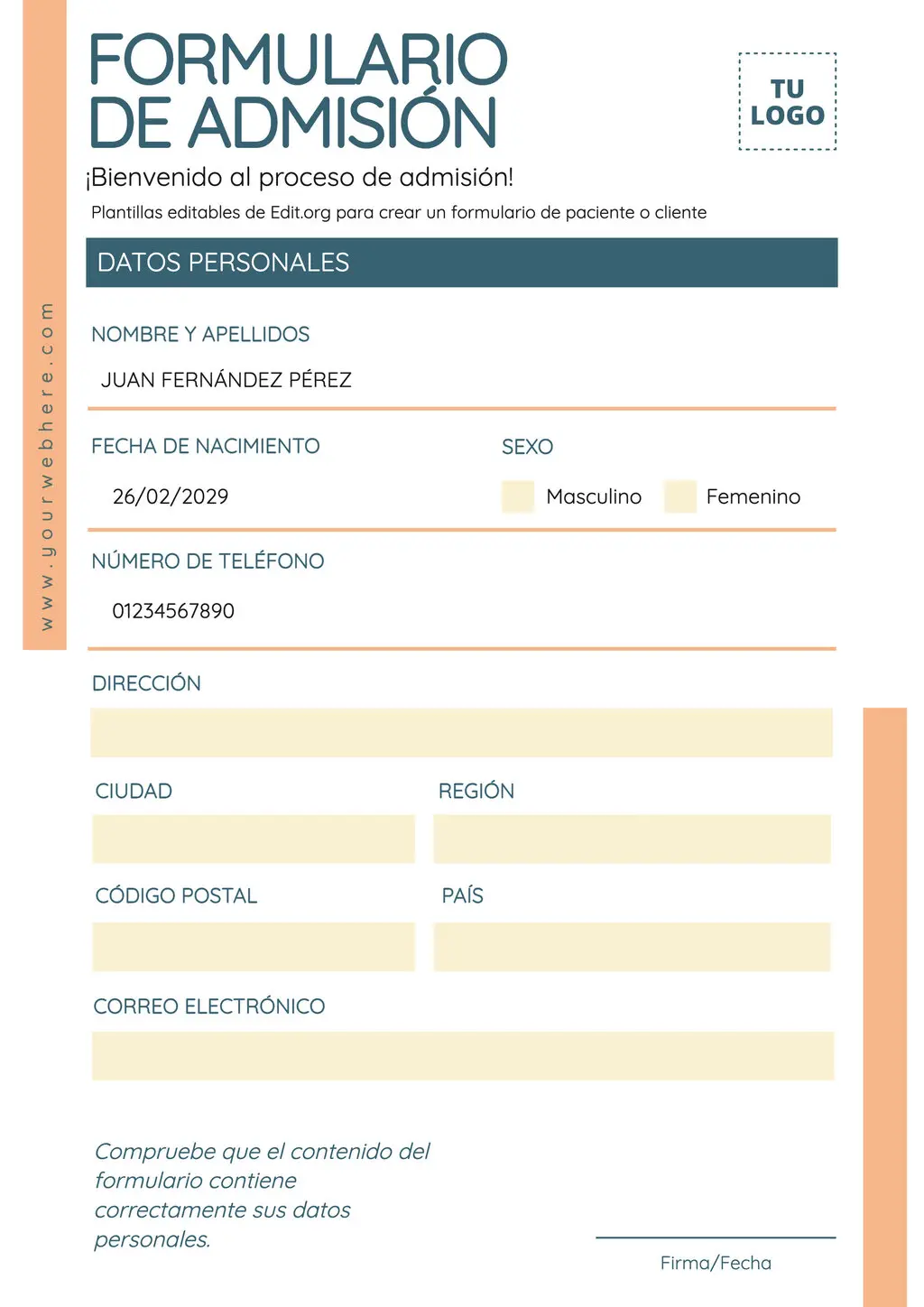 Plantilla de formulario de admisión personalizable gratis