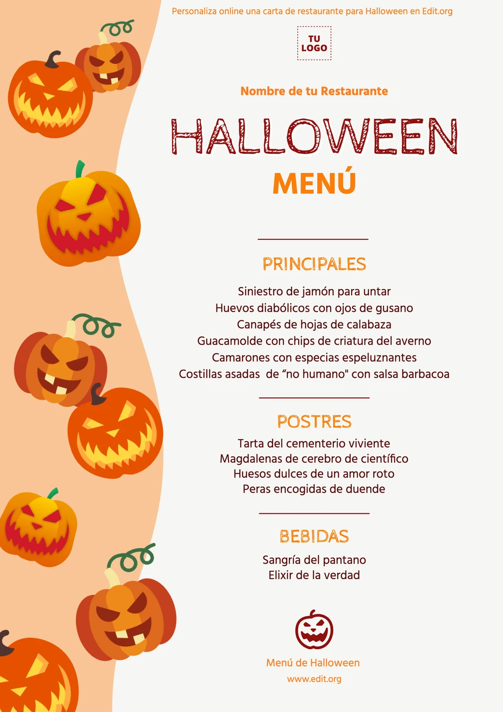 Plantilla de menú para Halloween infantil personalizable