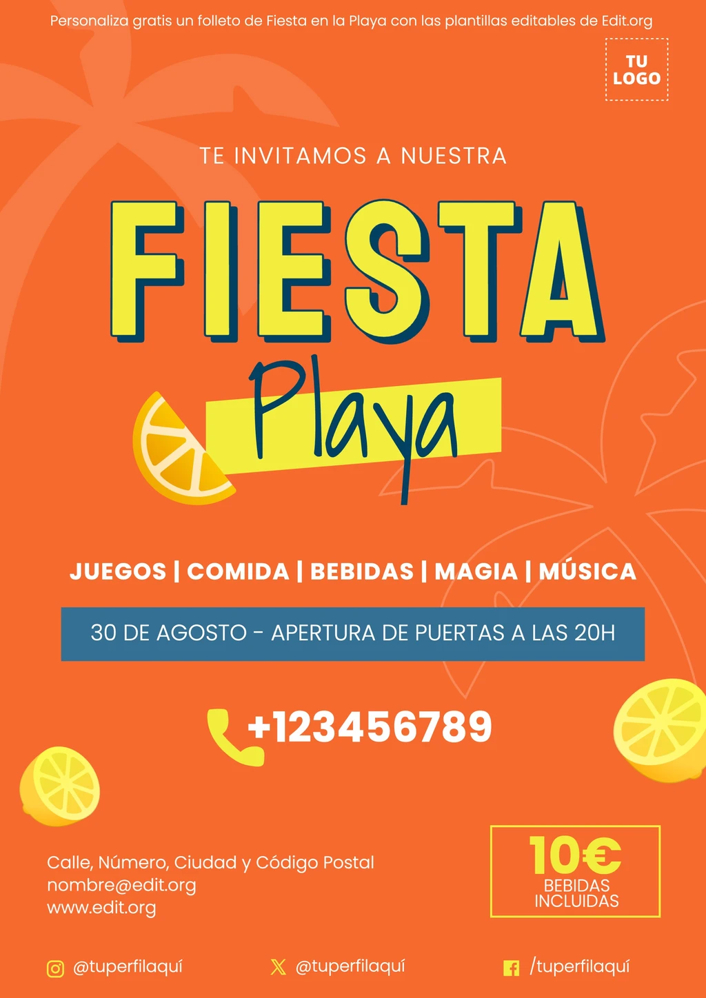 Cartel Fiesta en la Playa personalizable gratis para descargar