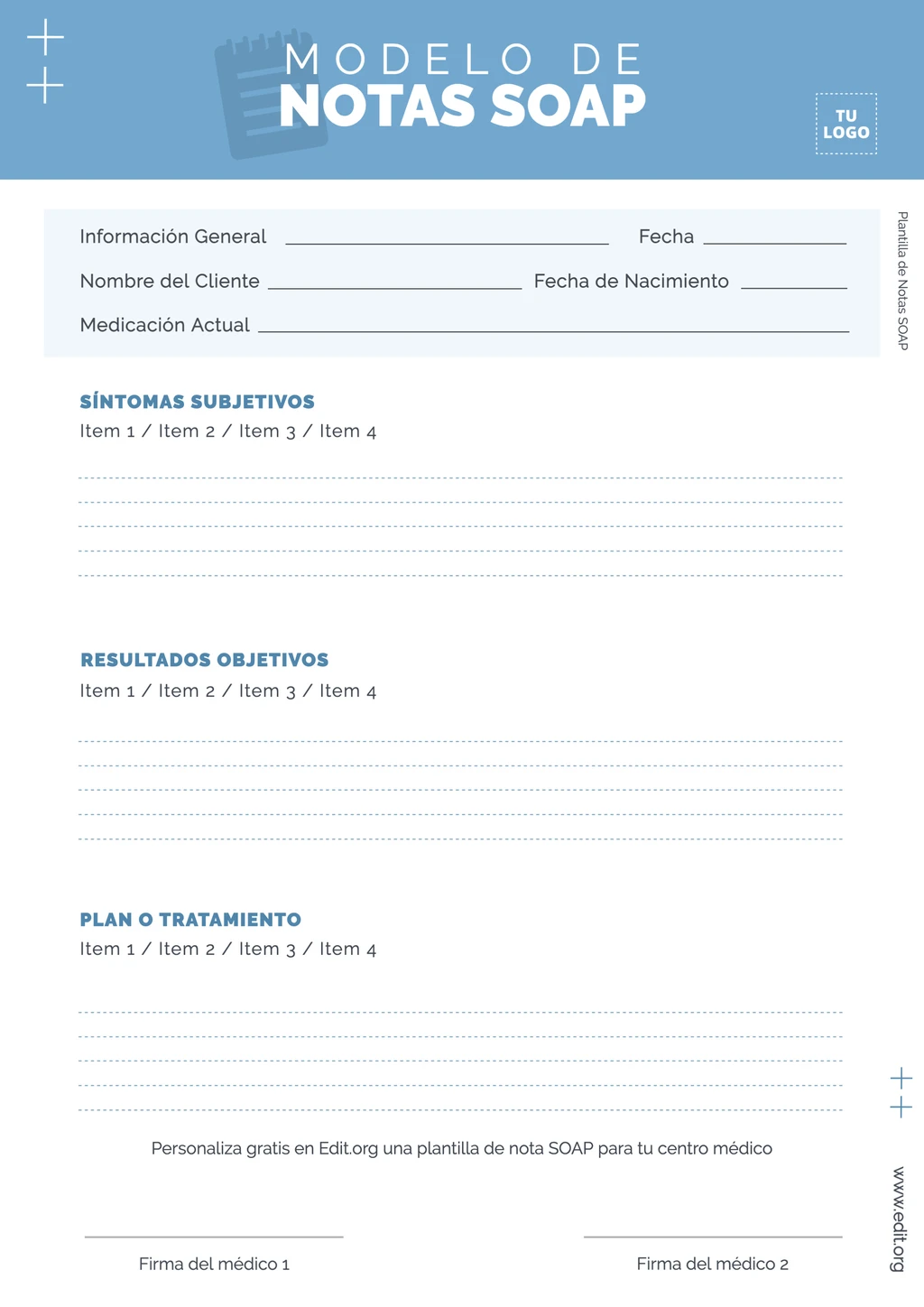 Plantilla de nota de progreso SOAP psicologia para editar