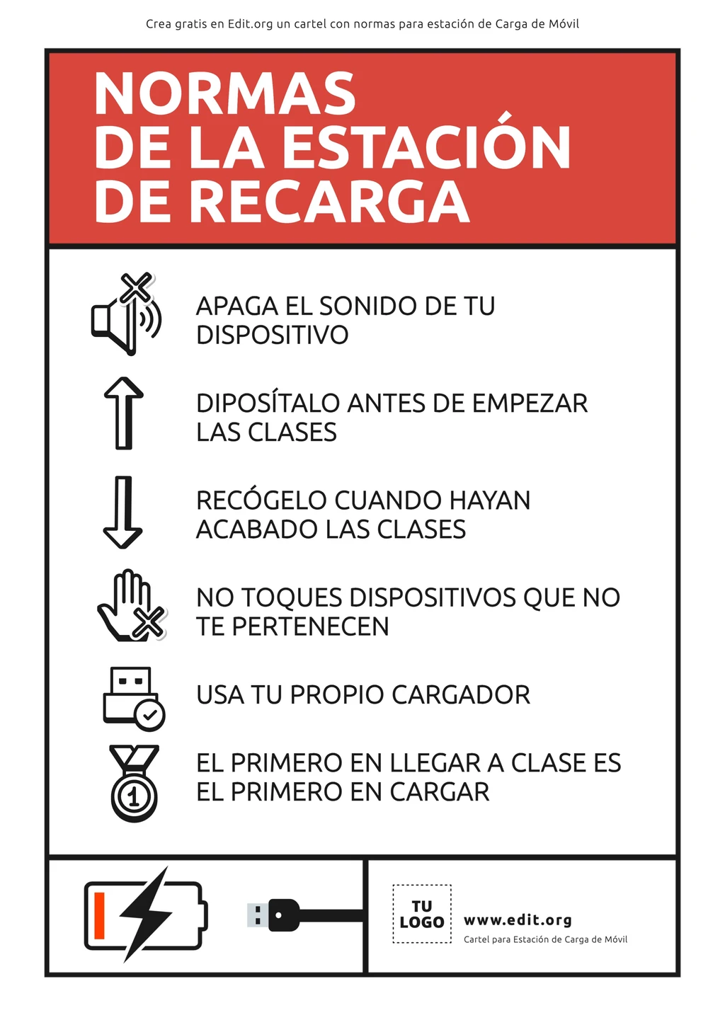 Cartel editable con normas para Estación de Carga de Móvil