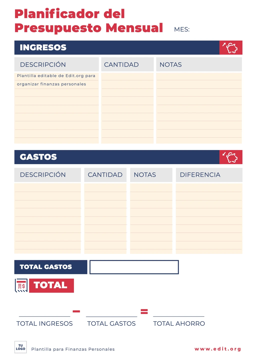 Plantilla para presupuesto mensual personal descargable
