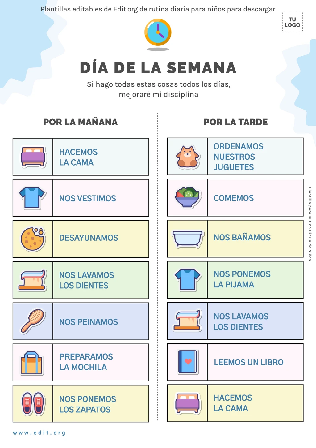 Tabla de rutinas para niños para imprimir PDF gratis