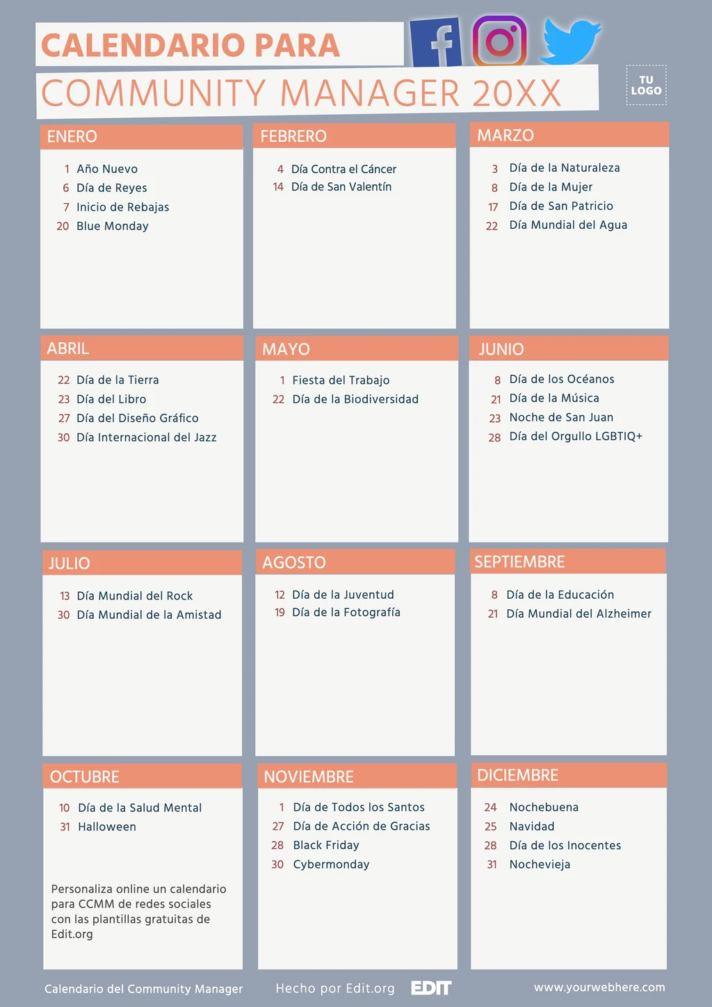 Plantilla de calendario para Community Manager editable