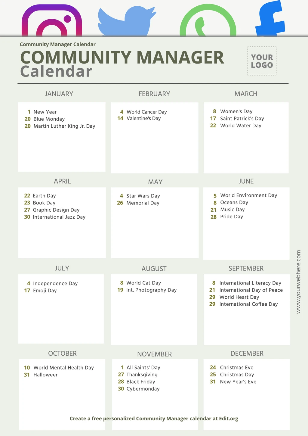 Free social media manager content calendar template