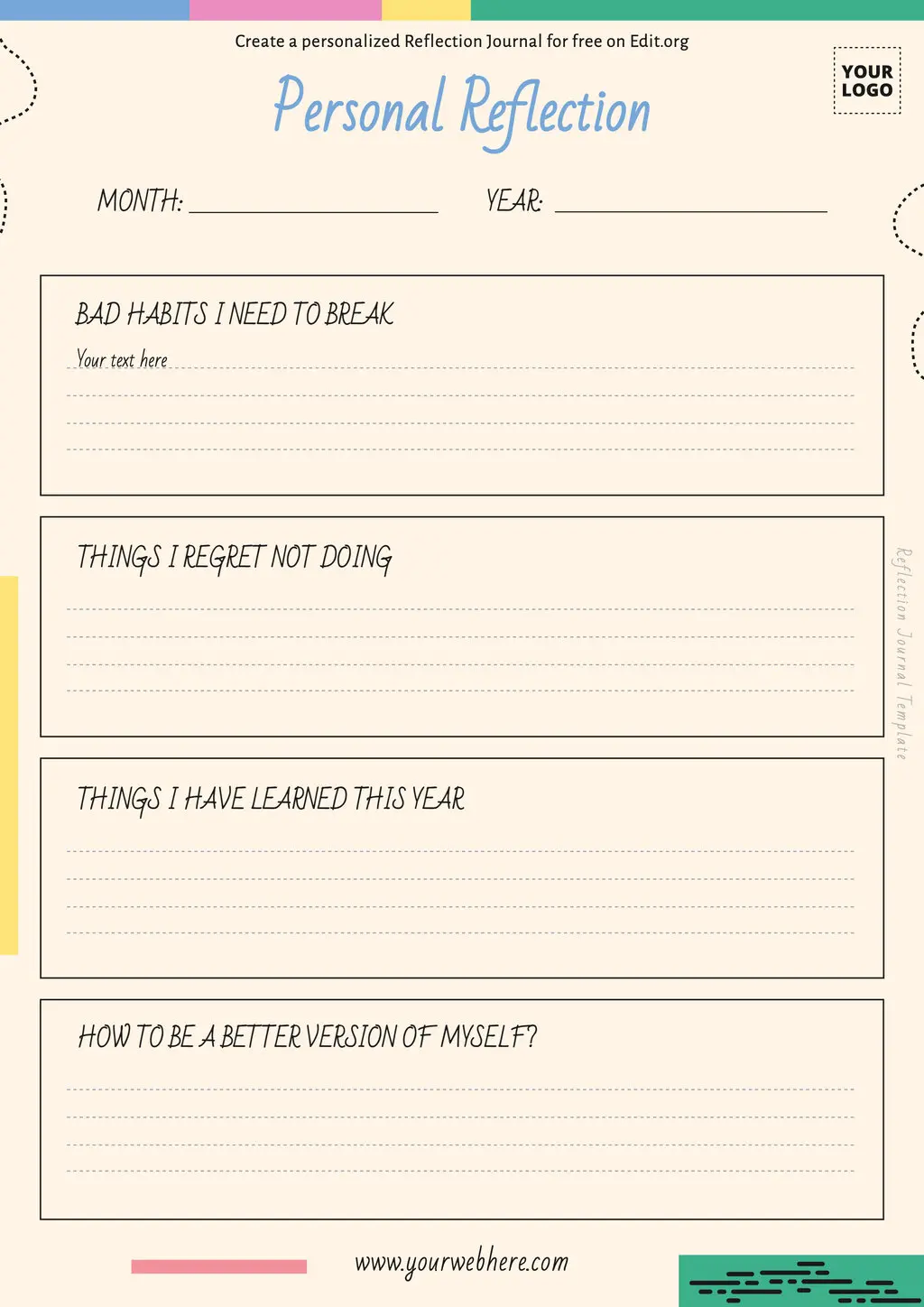 Editable Reflective Daily Diary template for reflections