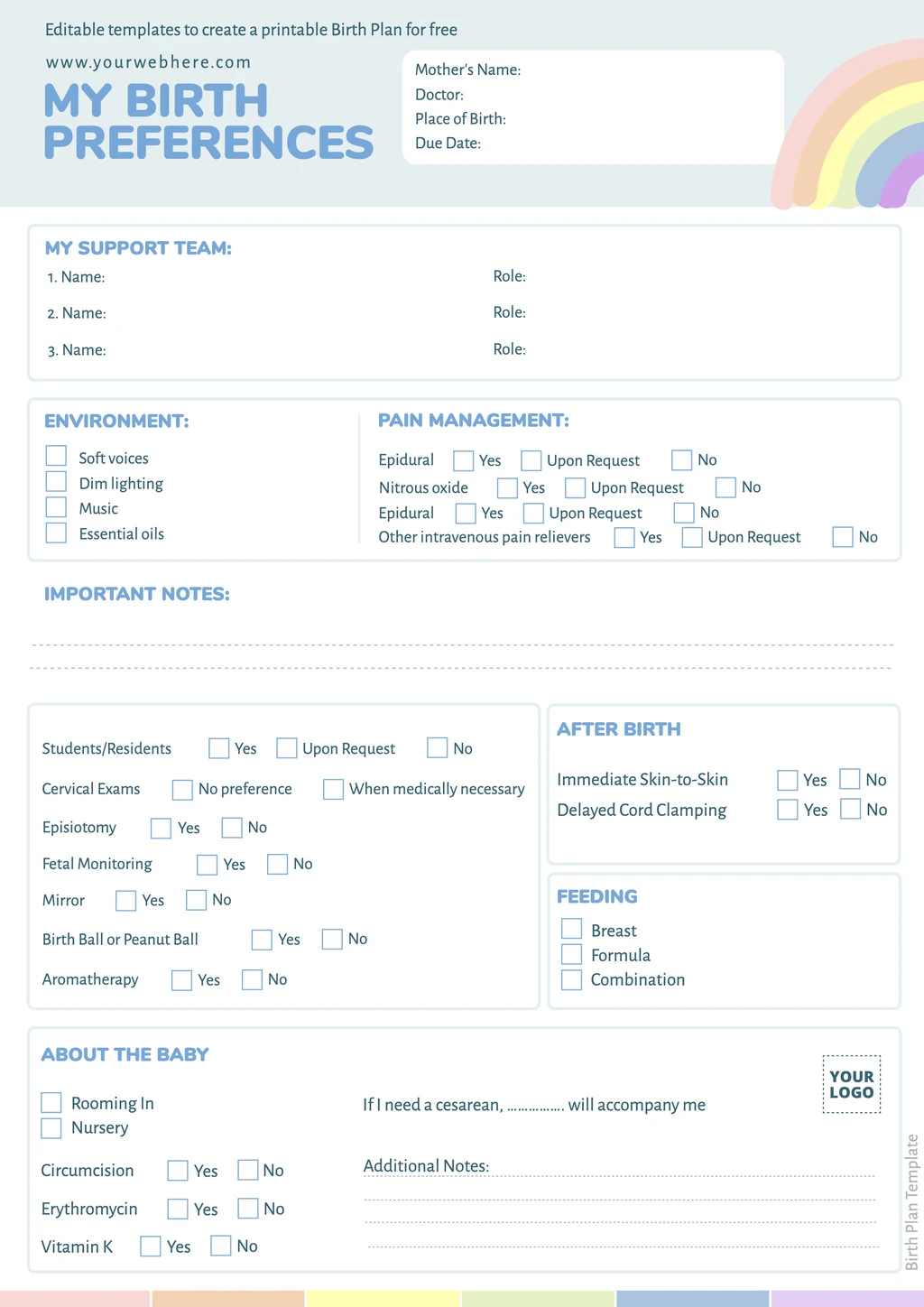 Online Birth Plan template to customize and print