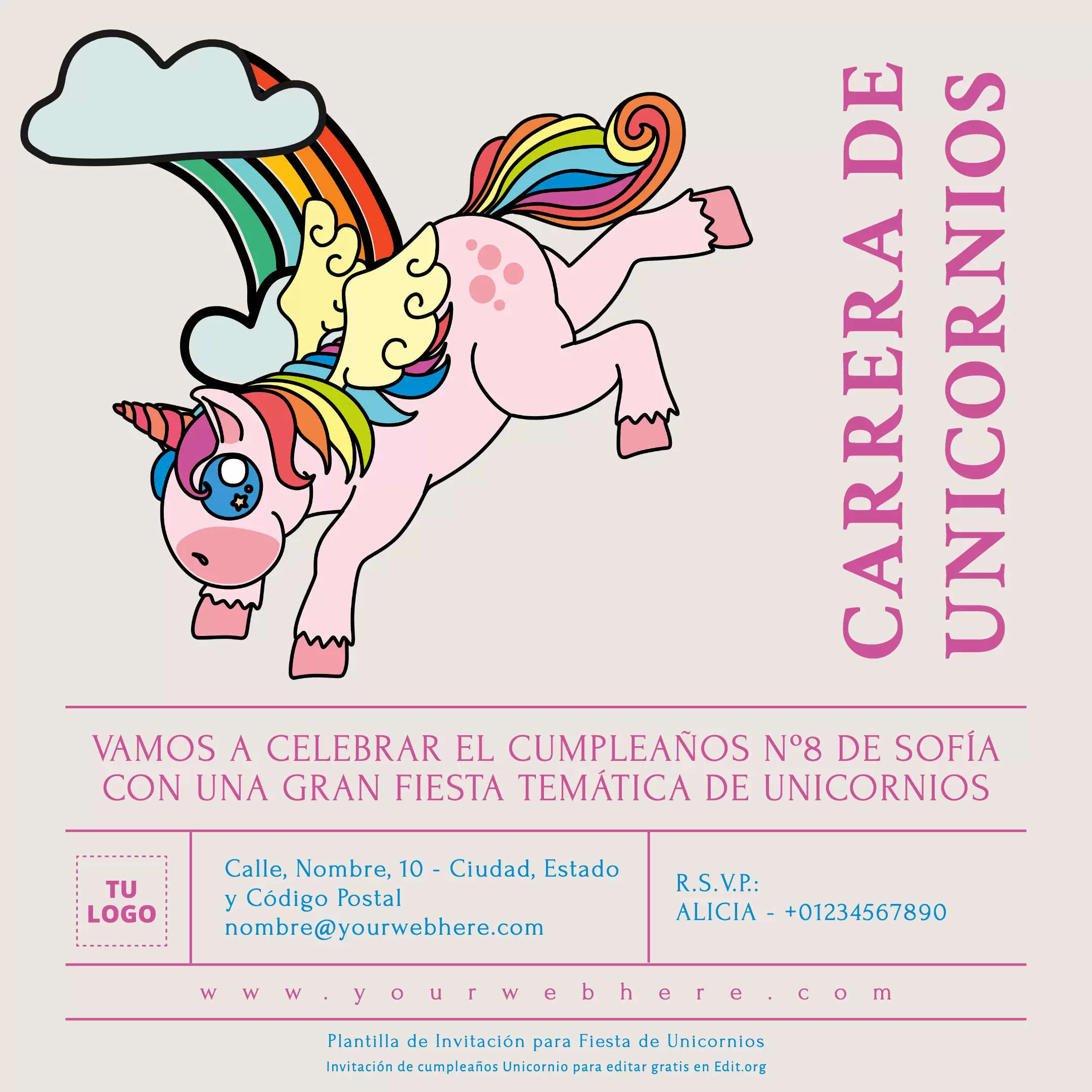 Tarjeta de invitación cumpleaños unicornio para editar