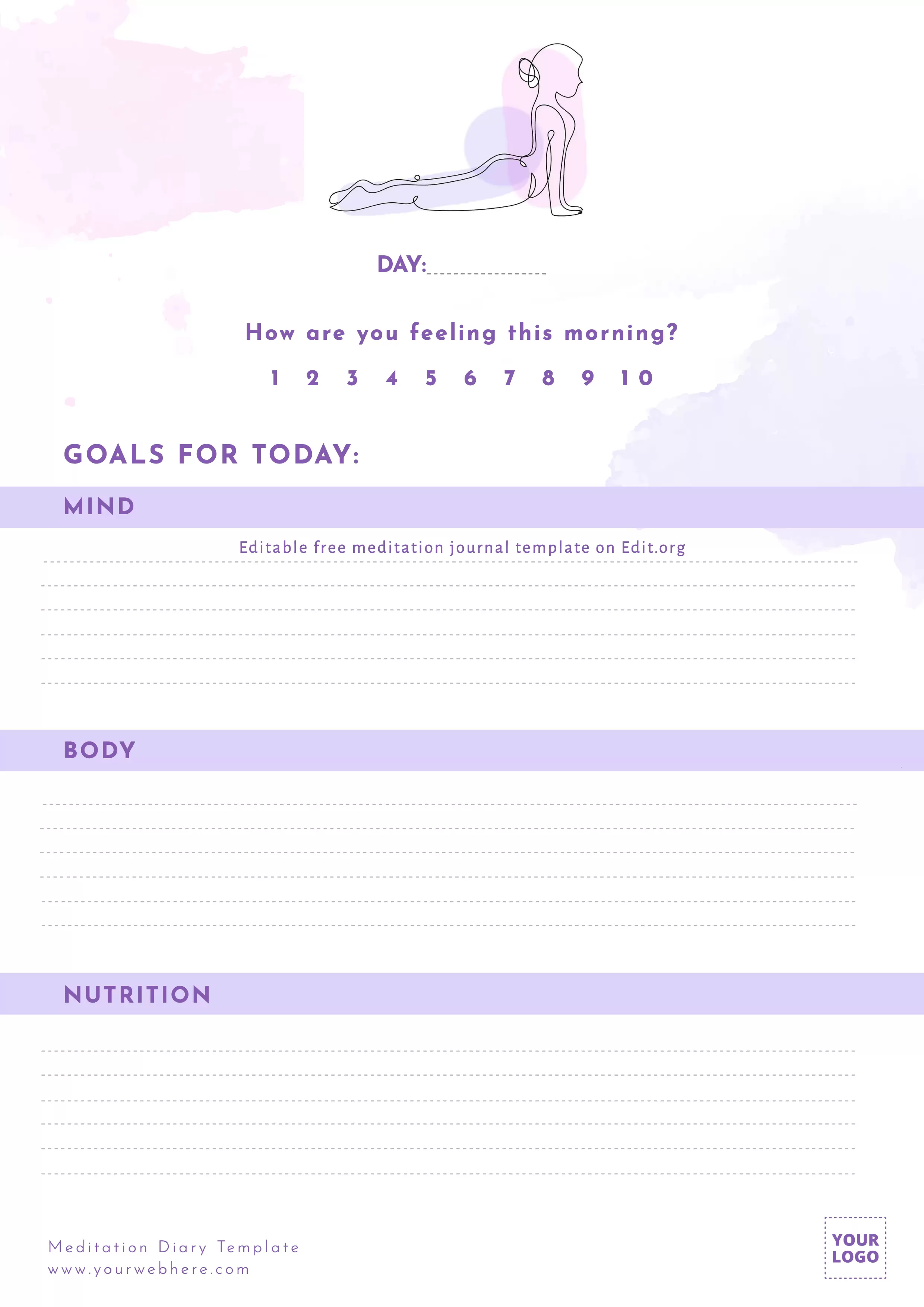 Printable Meditation Journal example template to customize