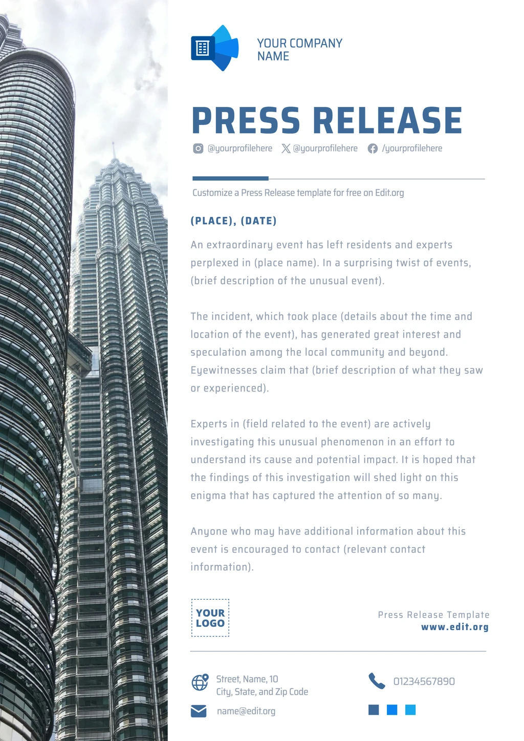 Blank Press Release template to customize online