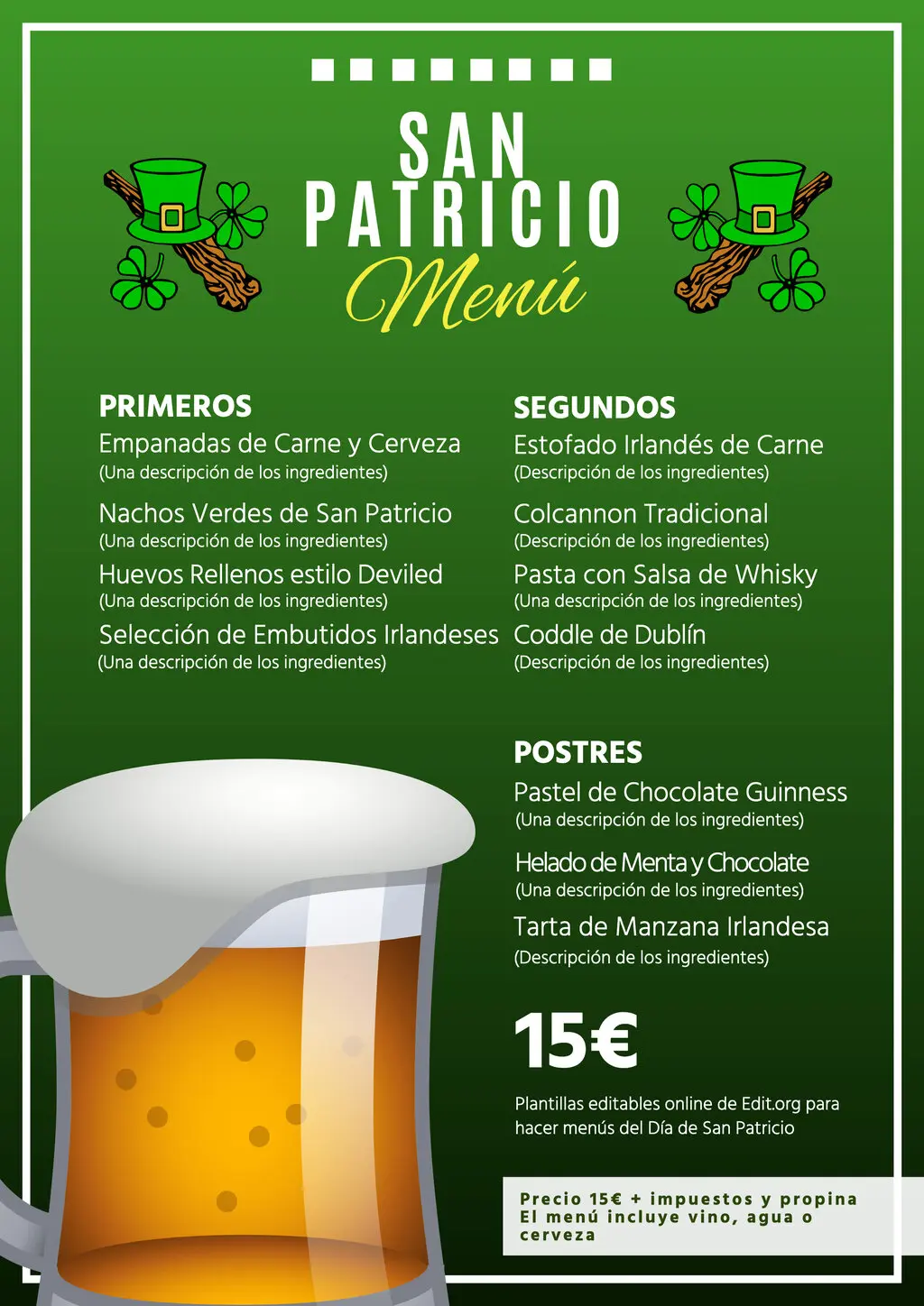 Plantilla editable de menú de San Patricio para personalizar