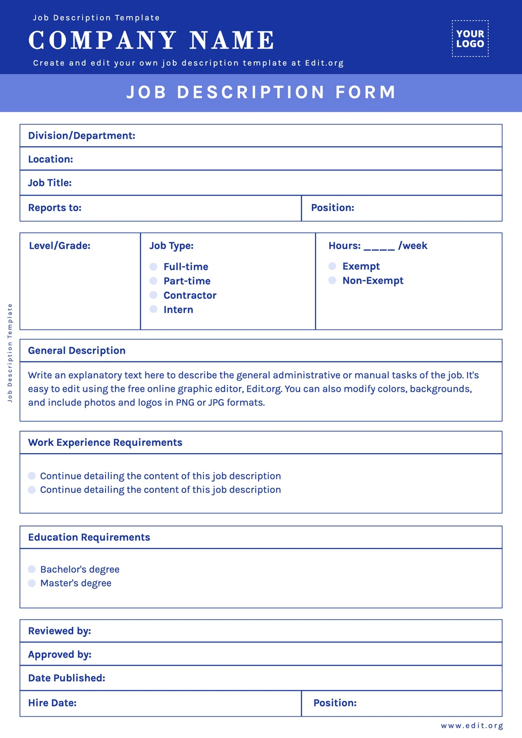 Sample Position Description template to customize online