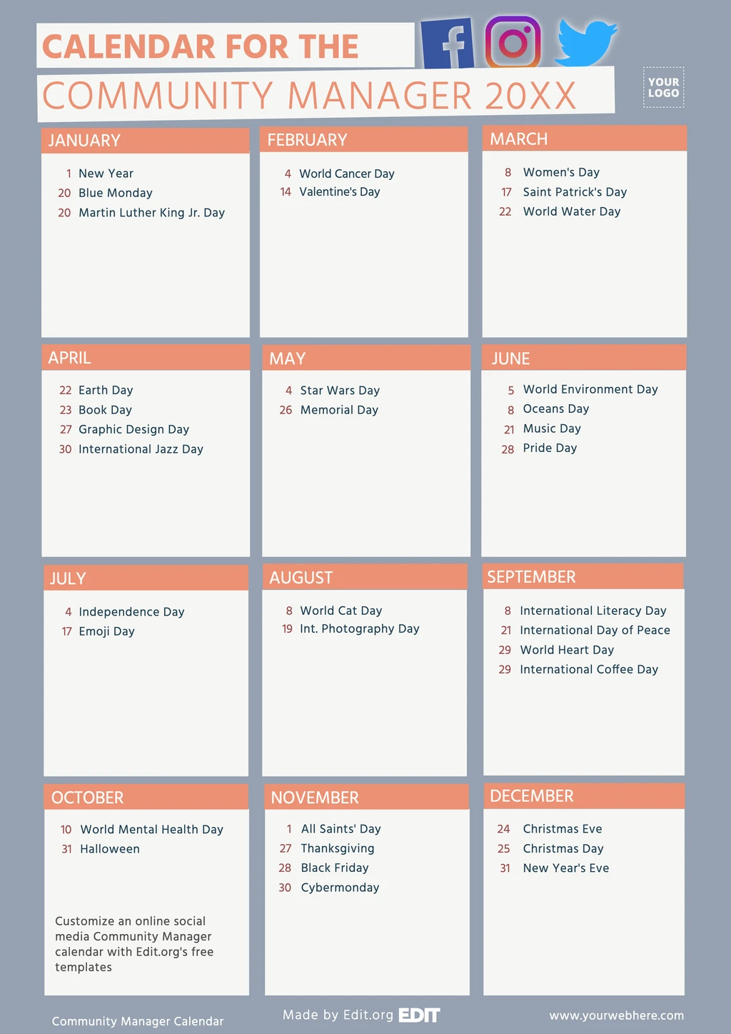 Printable Community Manager calendar design ideas