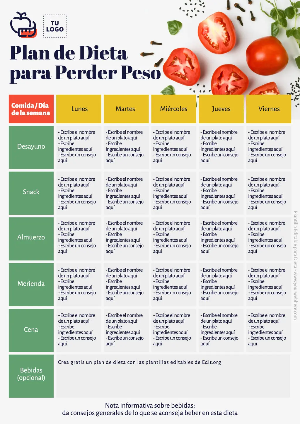 Plantilla de plan de dieta de pérdida de peso gratis imprimible