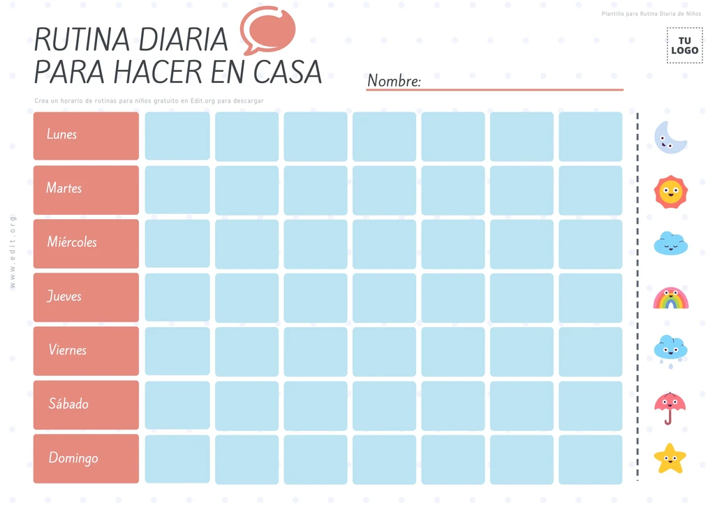 Plantilla apra calendario rutinas infantil descargable gratis