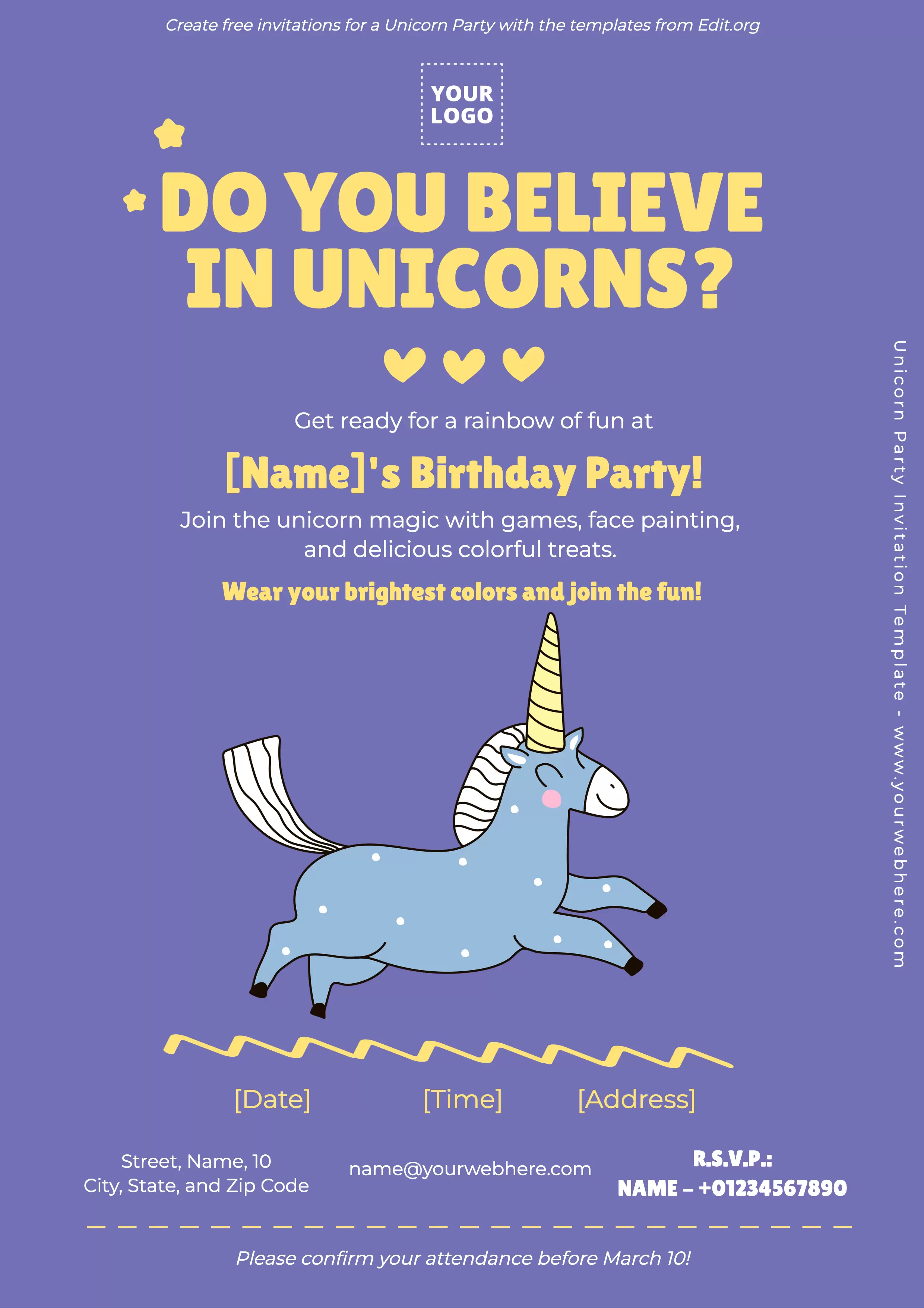 Free Unicorn Birthday Party invitations printable