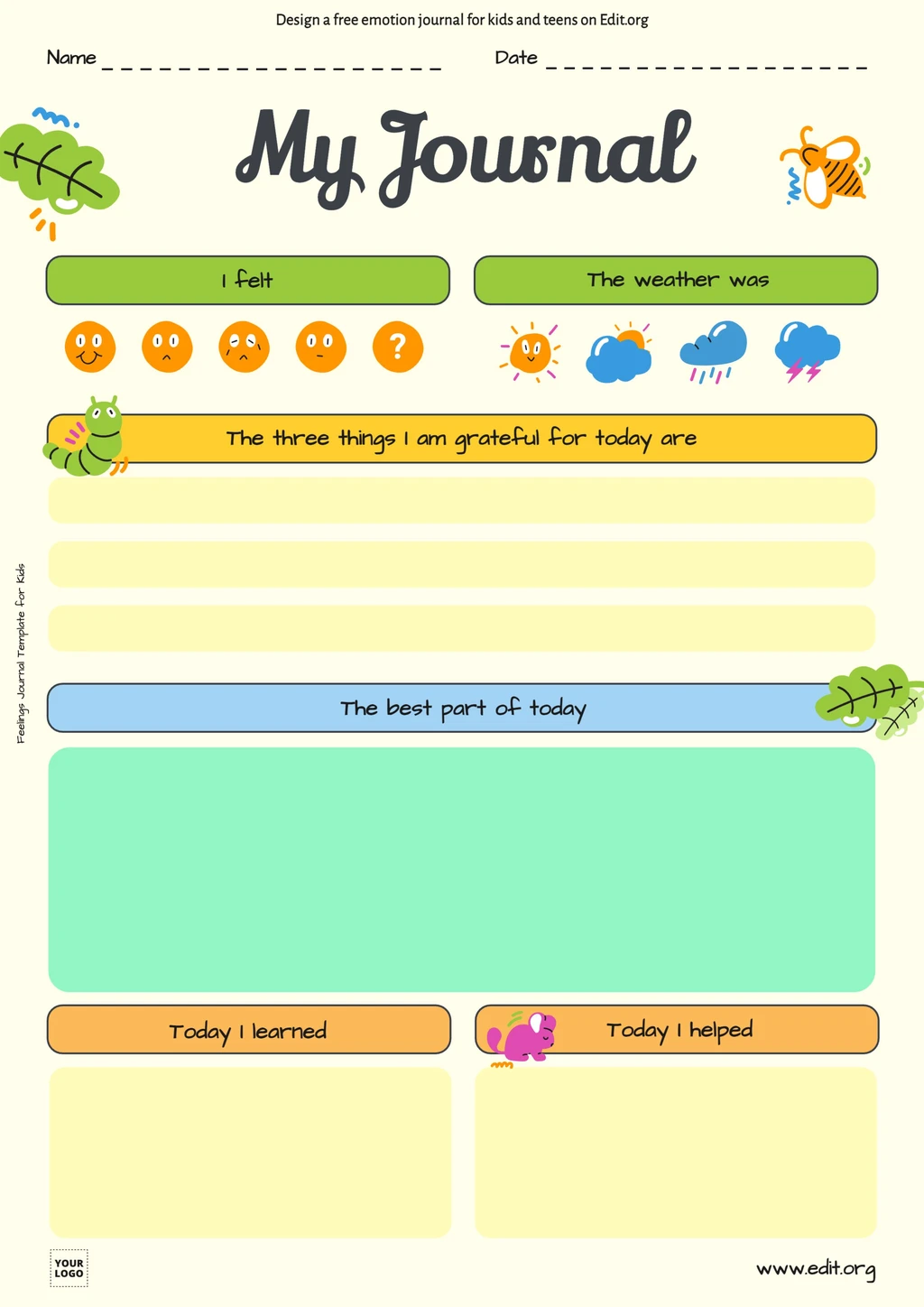 My Emotions Journal template printable online