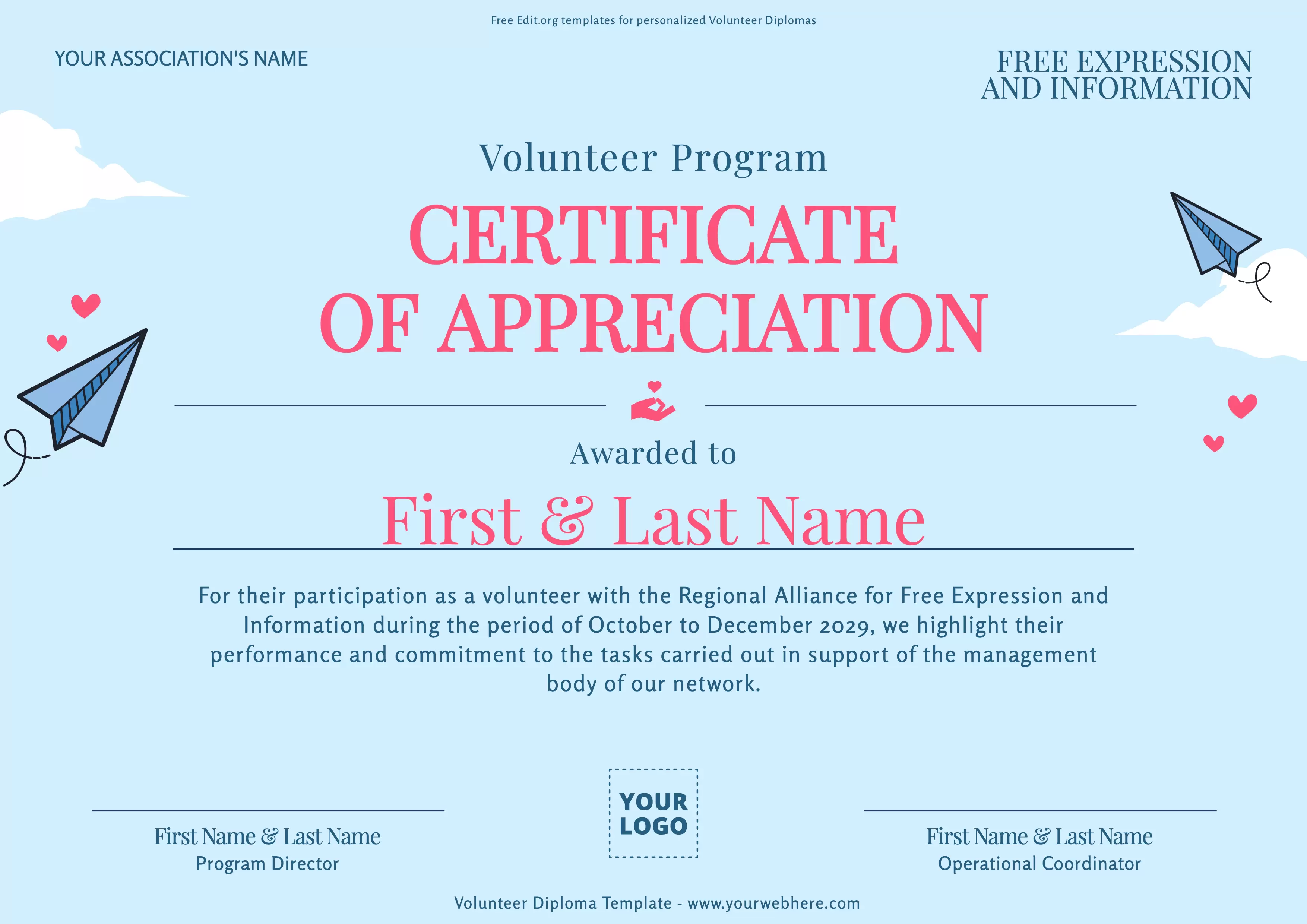 Free Sample Certificate of Appreciation for Volunteer Service template