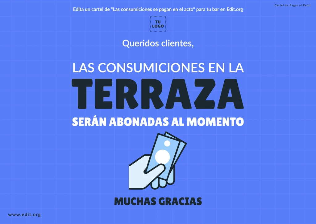 Cartel de Consumiciones en la terraza abonadas al momento