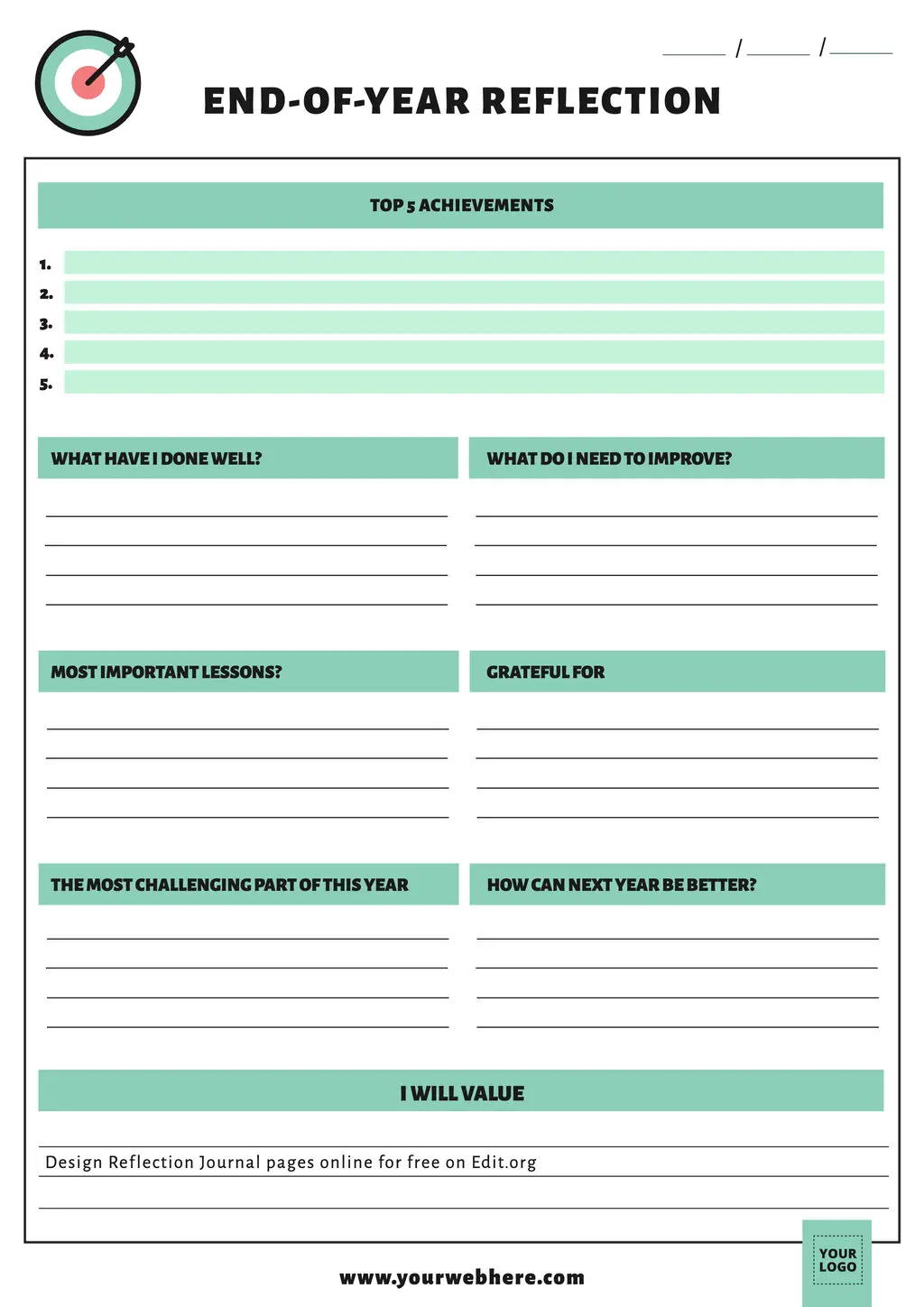 Printable Self Reflection Journal template to customize