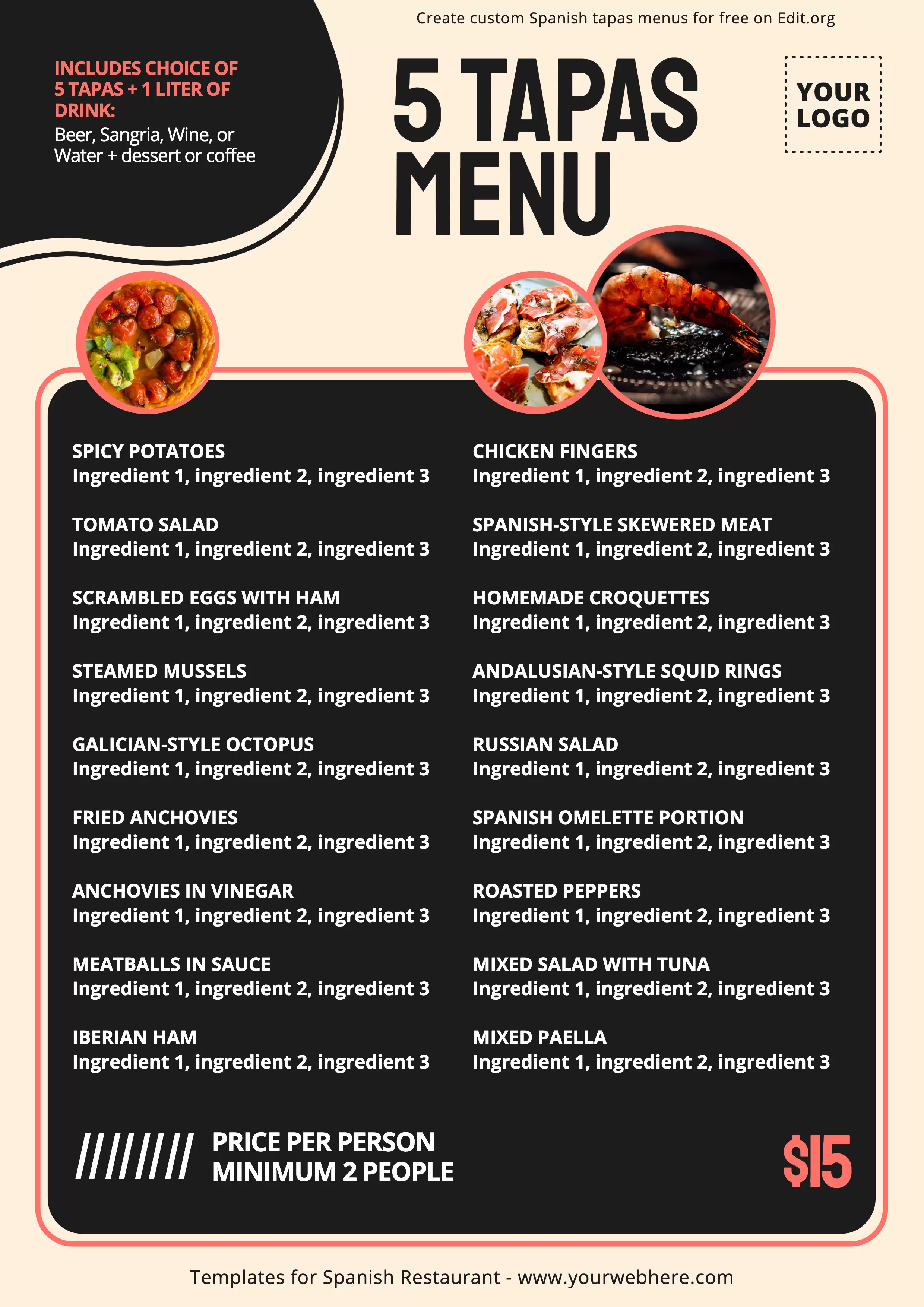 Printable Spanish menu template for tapas