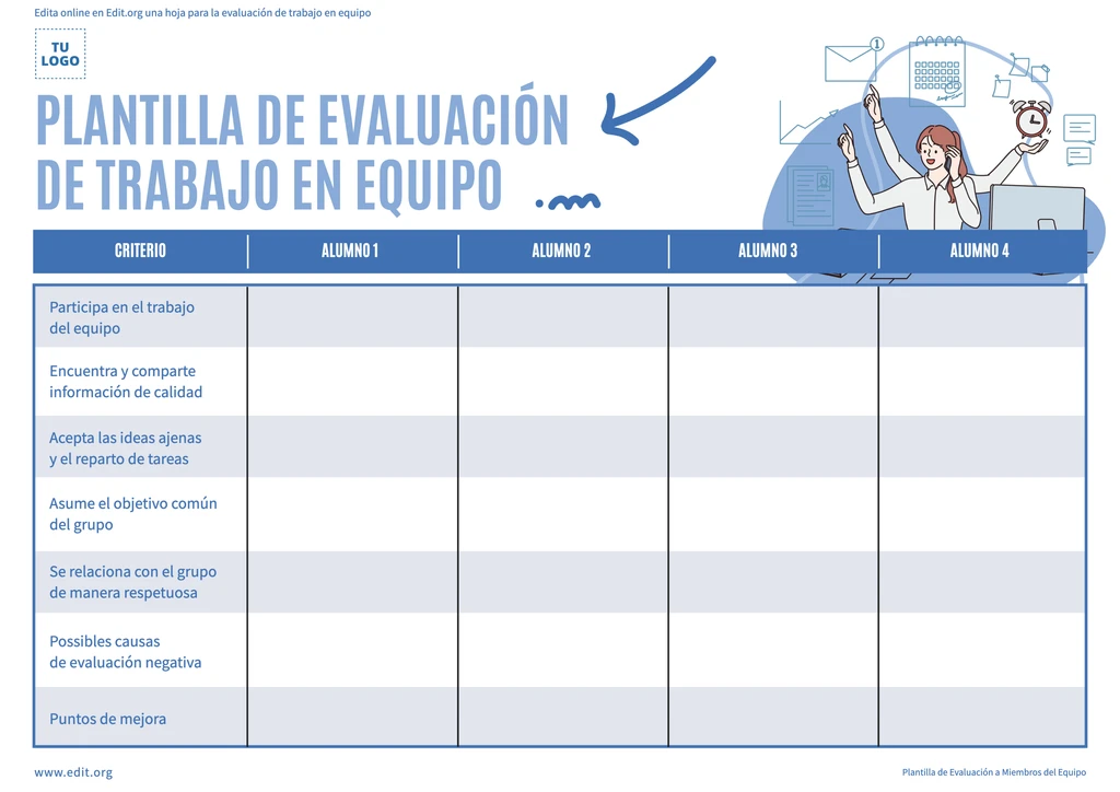 Plantilla rubrica de evaluación de trabajo en equipo para editar