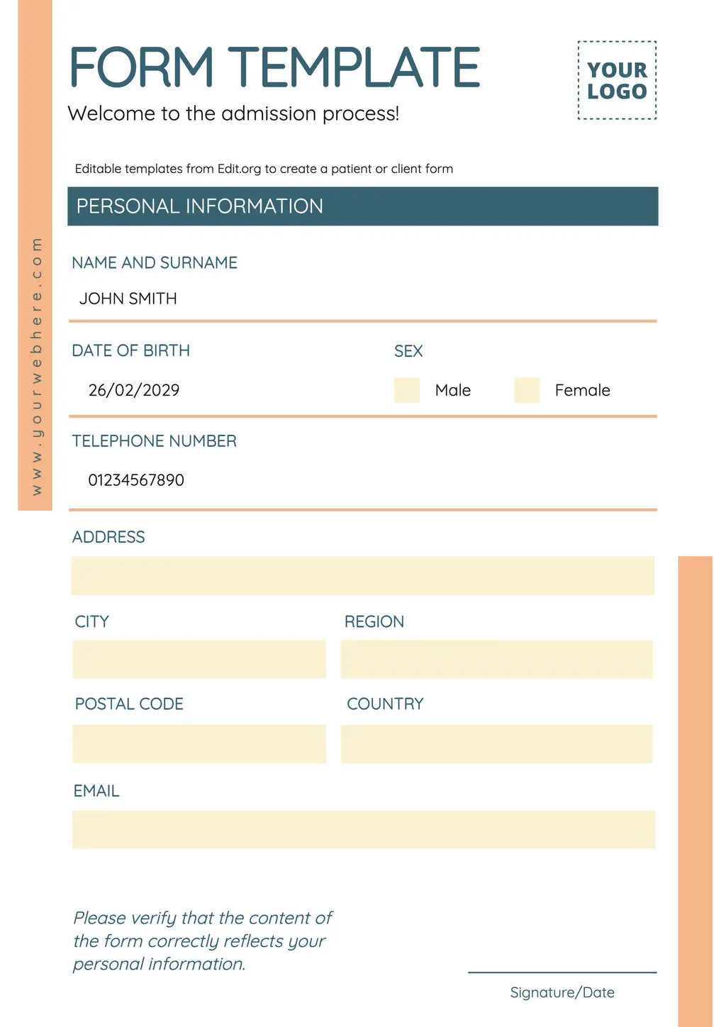 Customizable admission form format template